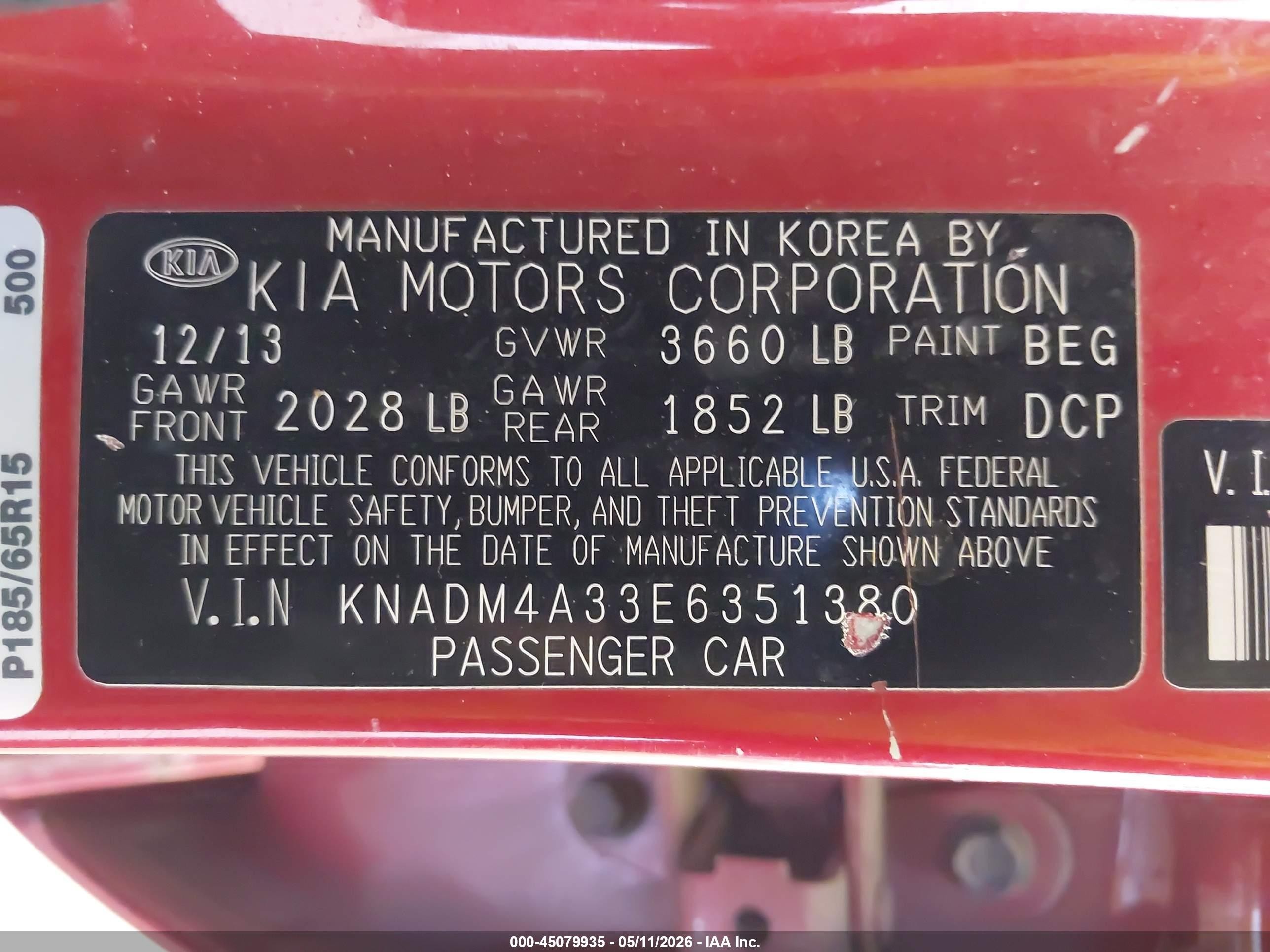 2014 Kia Rio Lx Red vin: KNADM4A33E6351380