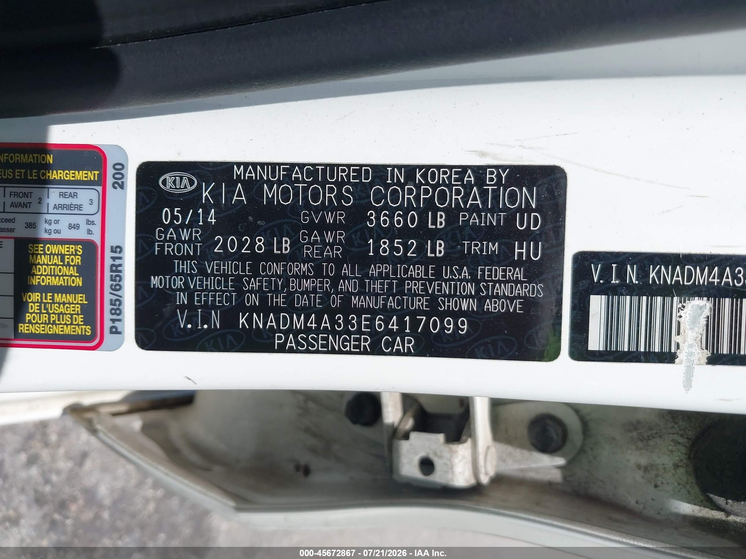 2014 Kia Rio Lx White vin: KNADM4A33E6417099