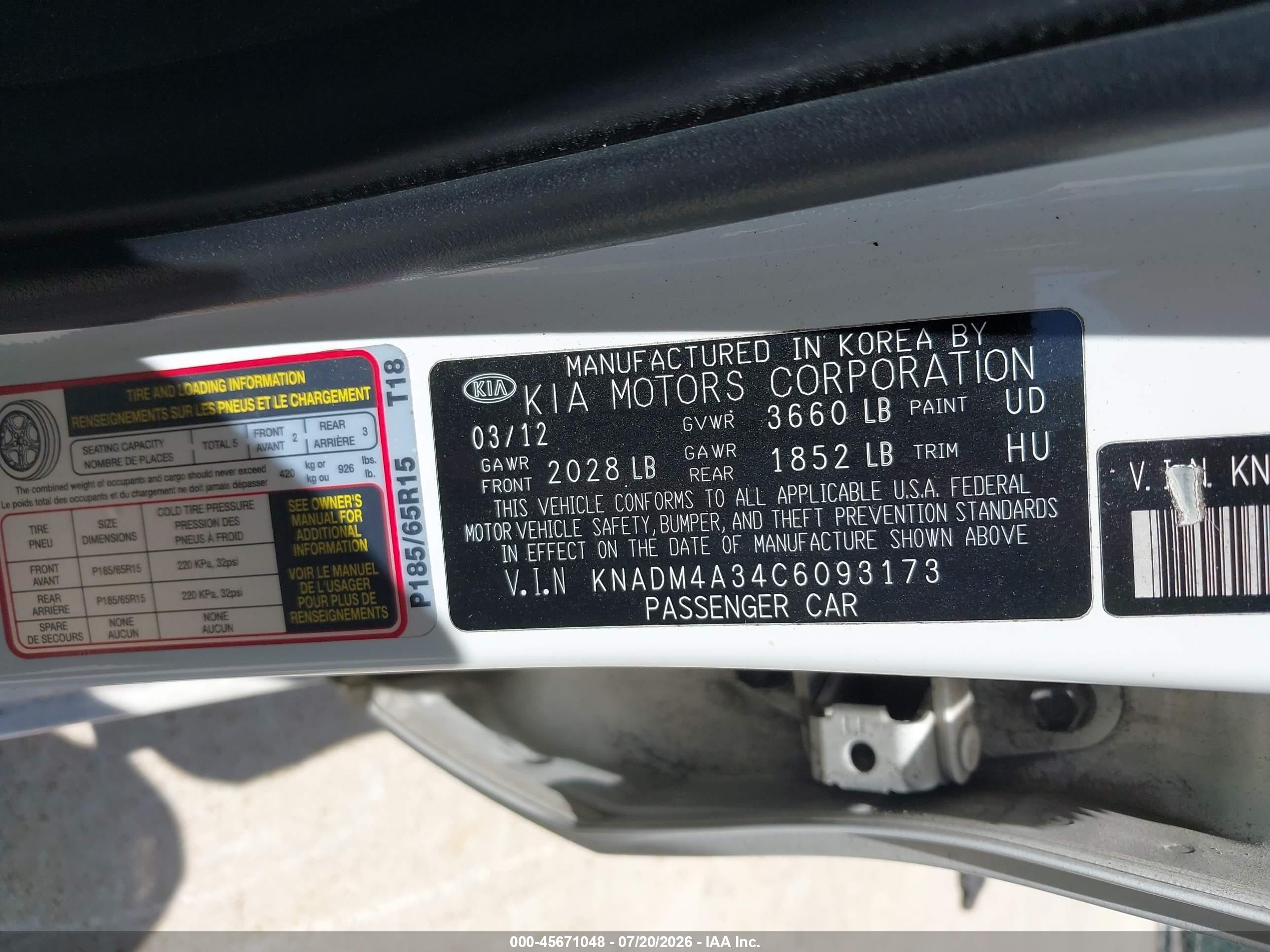 2012 Kia Rio Lx White vin: KNADM4A34C6093173