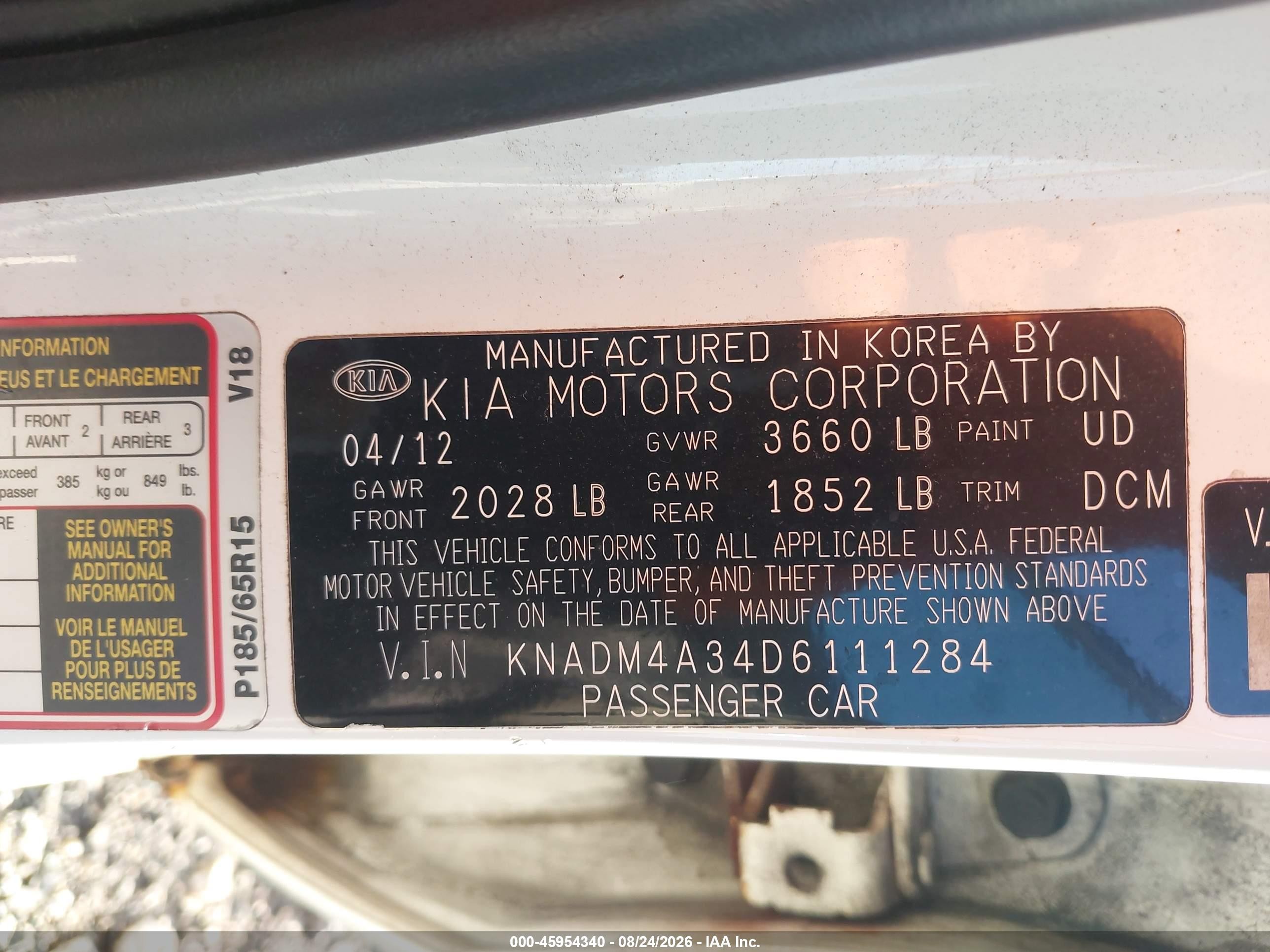 2013 Kia Rio Lx White vin: KNADM4A34D6111284