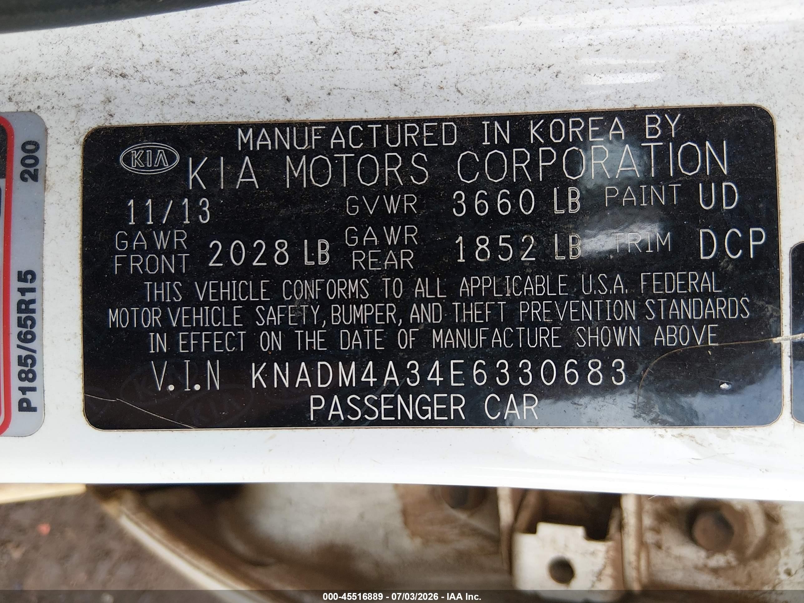 2014 Kia Rio Lx White vin: KNADM4A34E6330683