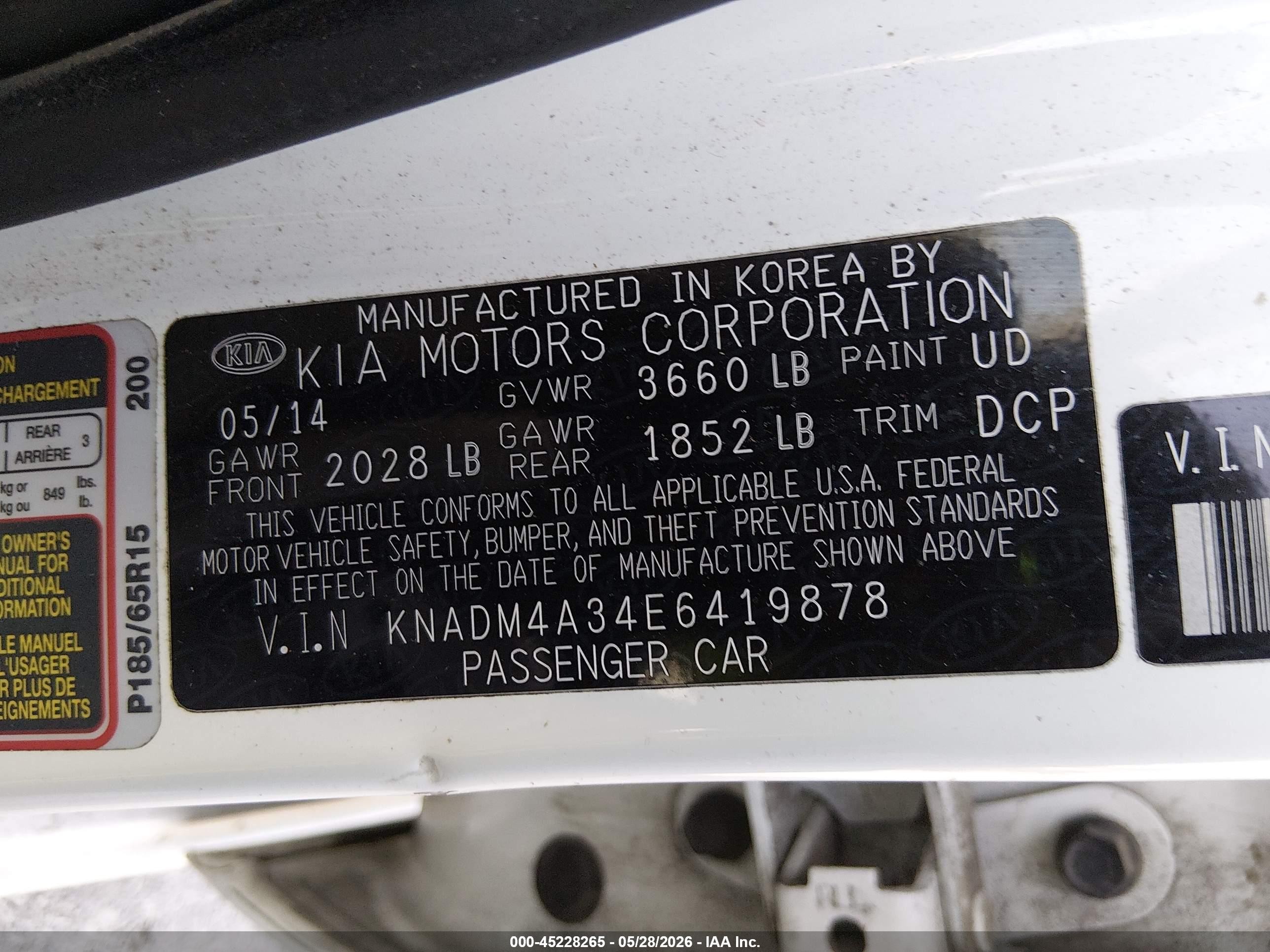 2014 Kia Rio Lx White vin: KNADM4A34E6419878