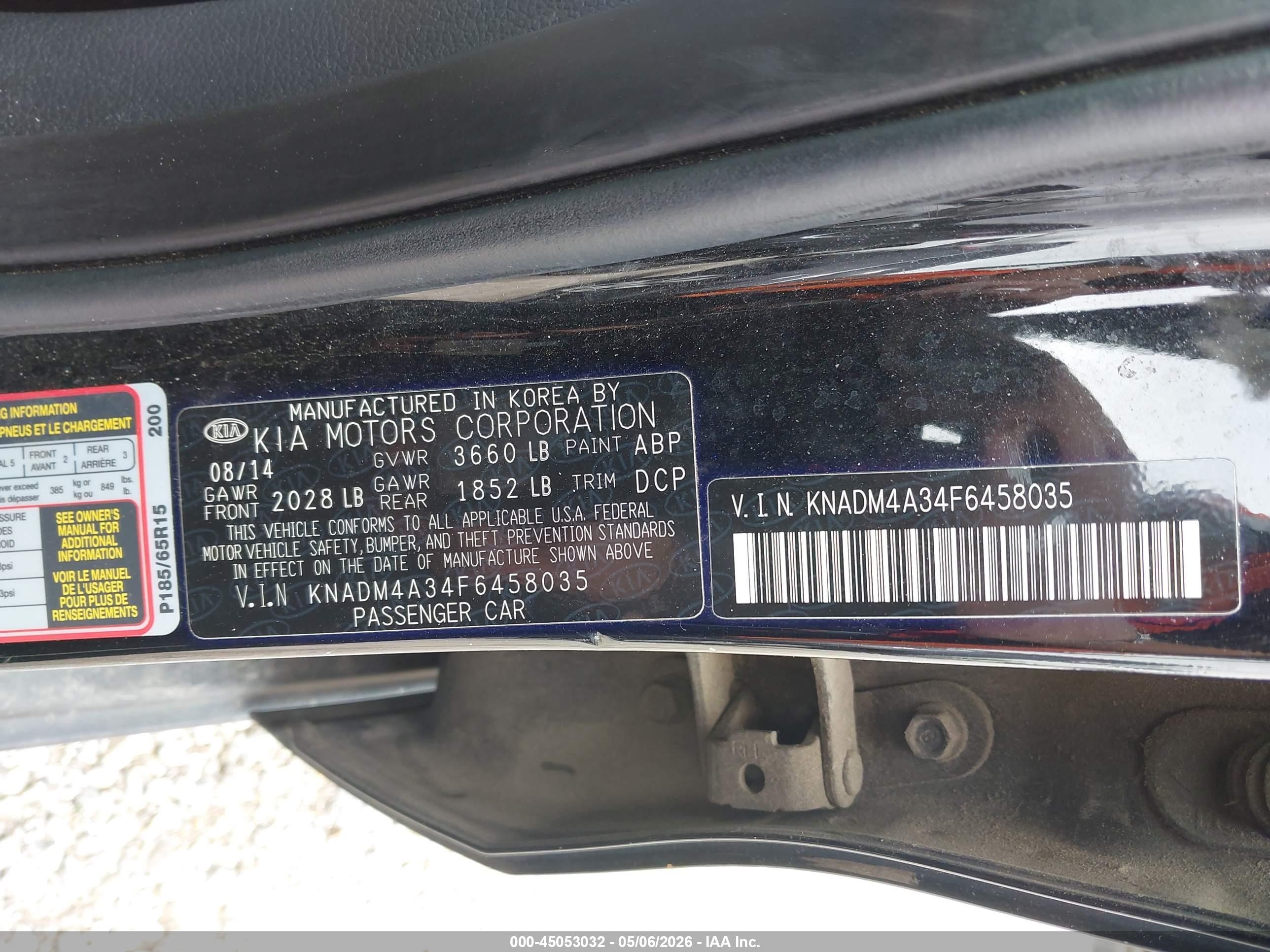 2015 Kia Rio Lx Black vin: KNADM4A34F6458035