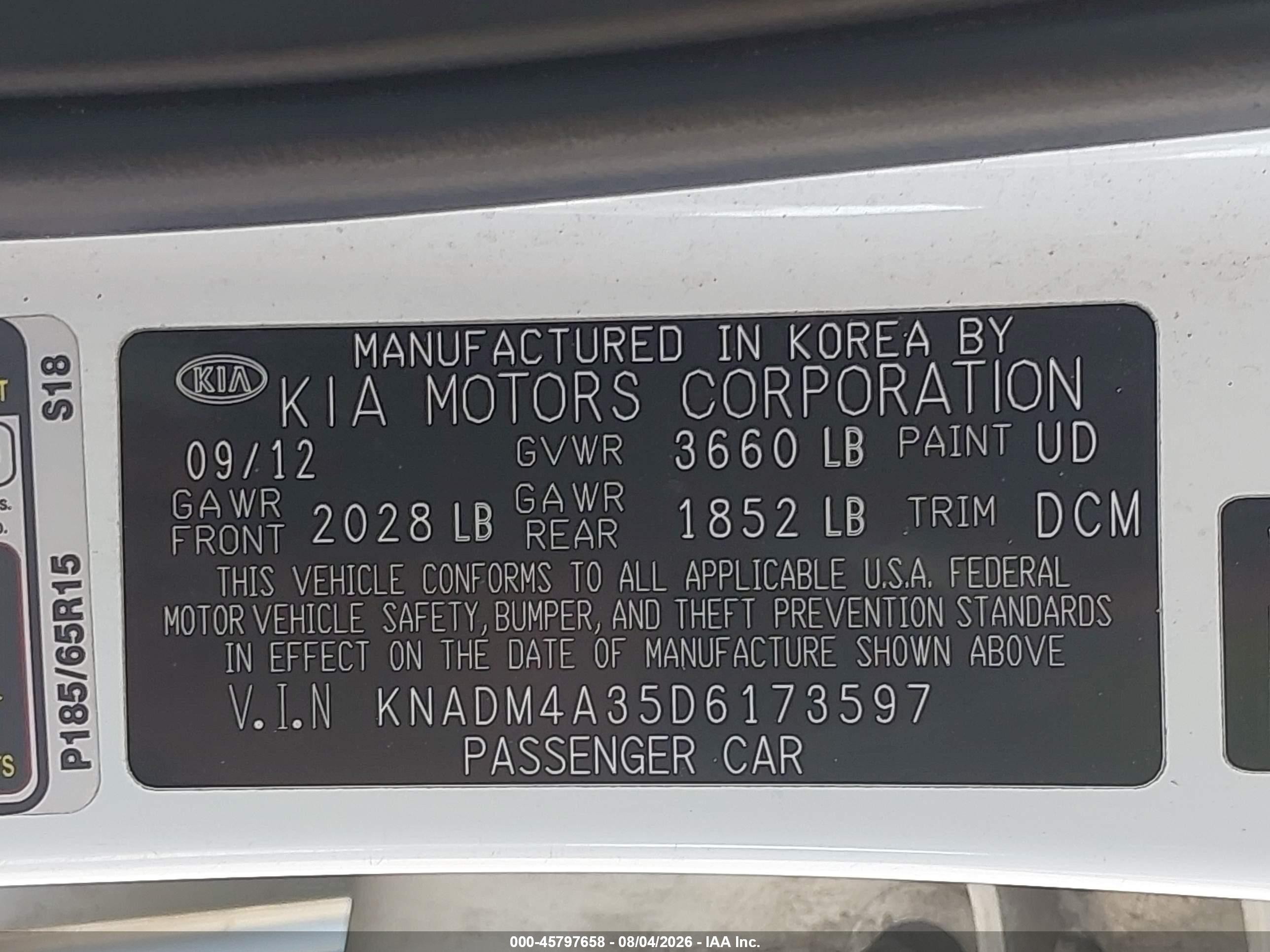 2013 Kia Rio Lx White vin: KNADM4A35D6173597
