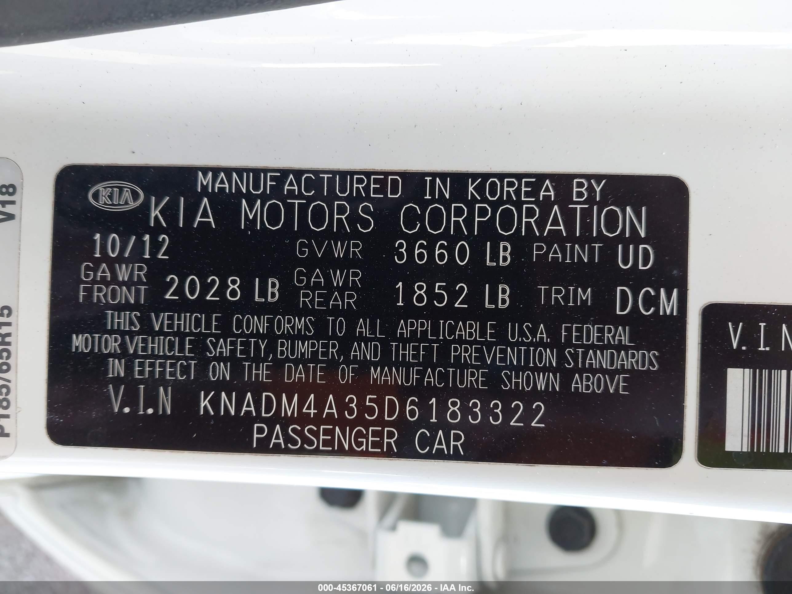 2013 Kia Rio Lx White vin: KNADM4A35D6183322