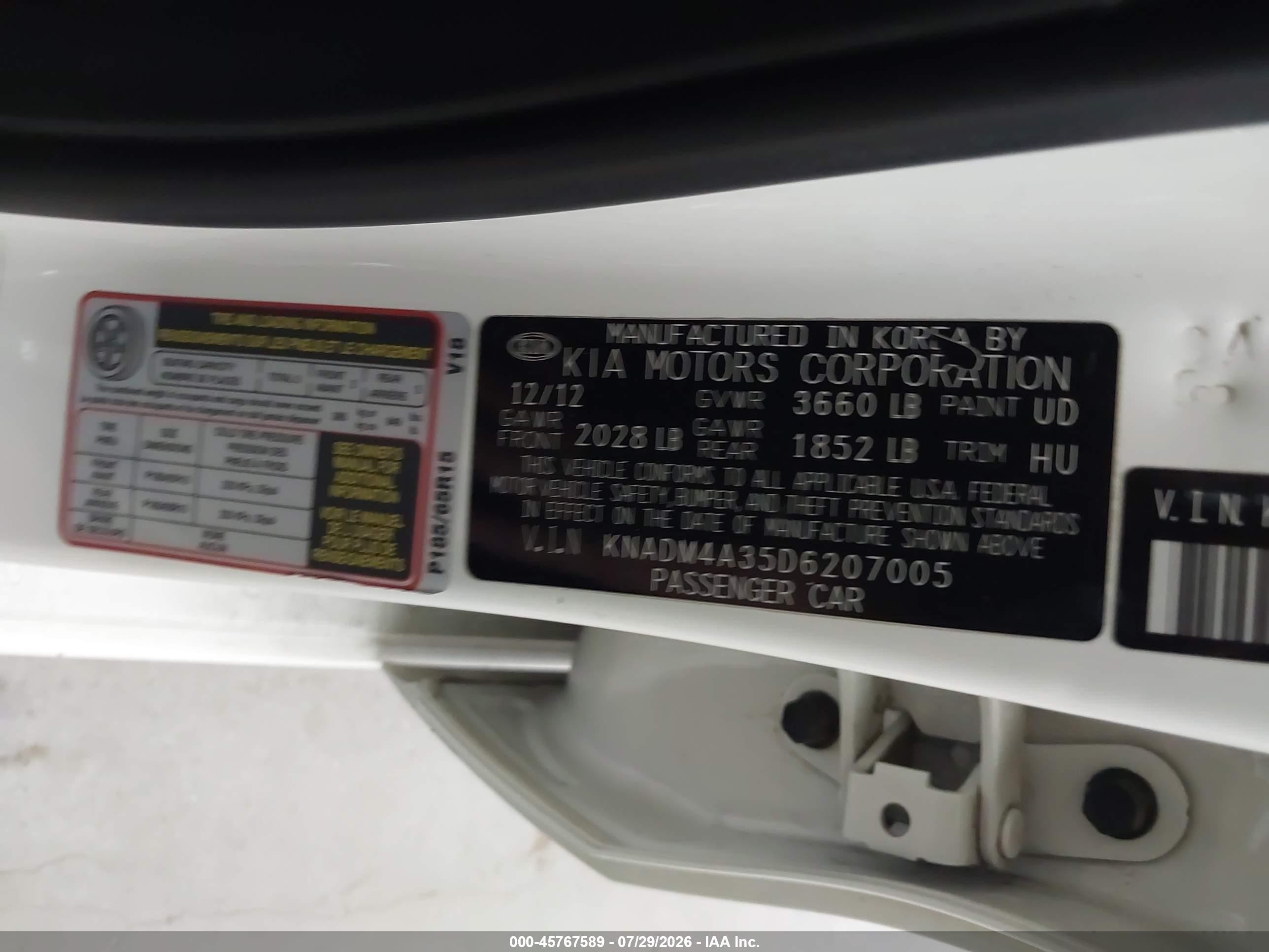 2013 Kia Rio Lx White vin: KNADM4A35D6207005