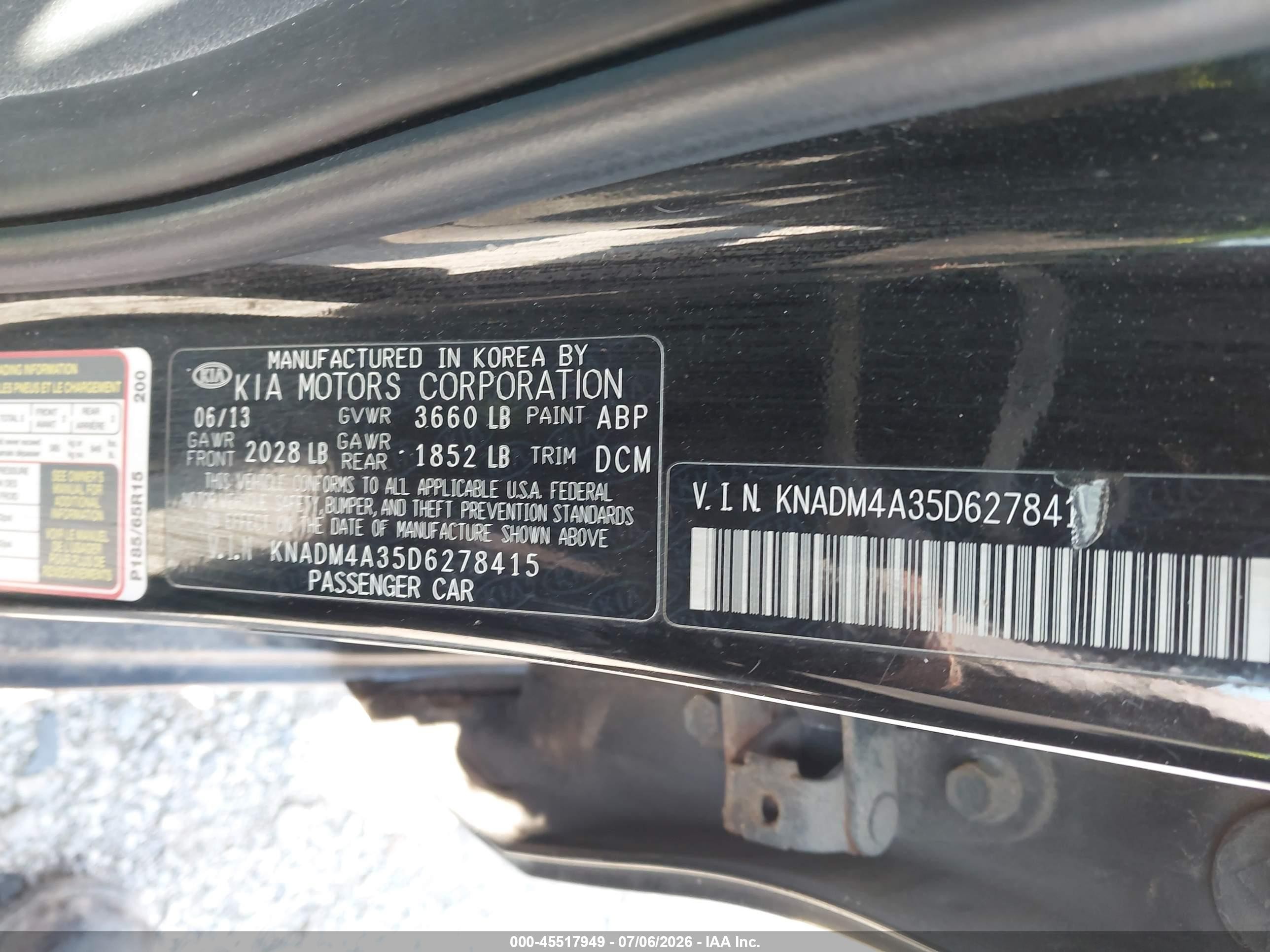 2013 Kia Rio Lx Black vin: KNADM4A35D6278415
