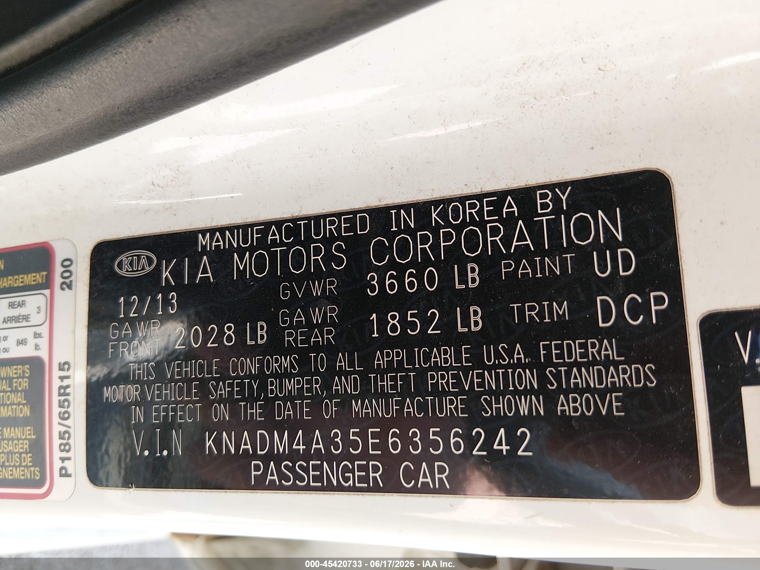 2014 Kia Rio Lx White vin: KNADM4A35E6356242