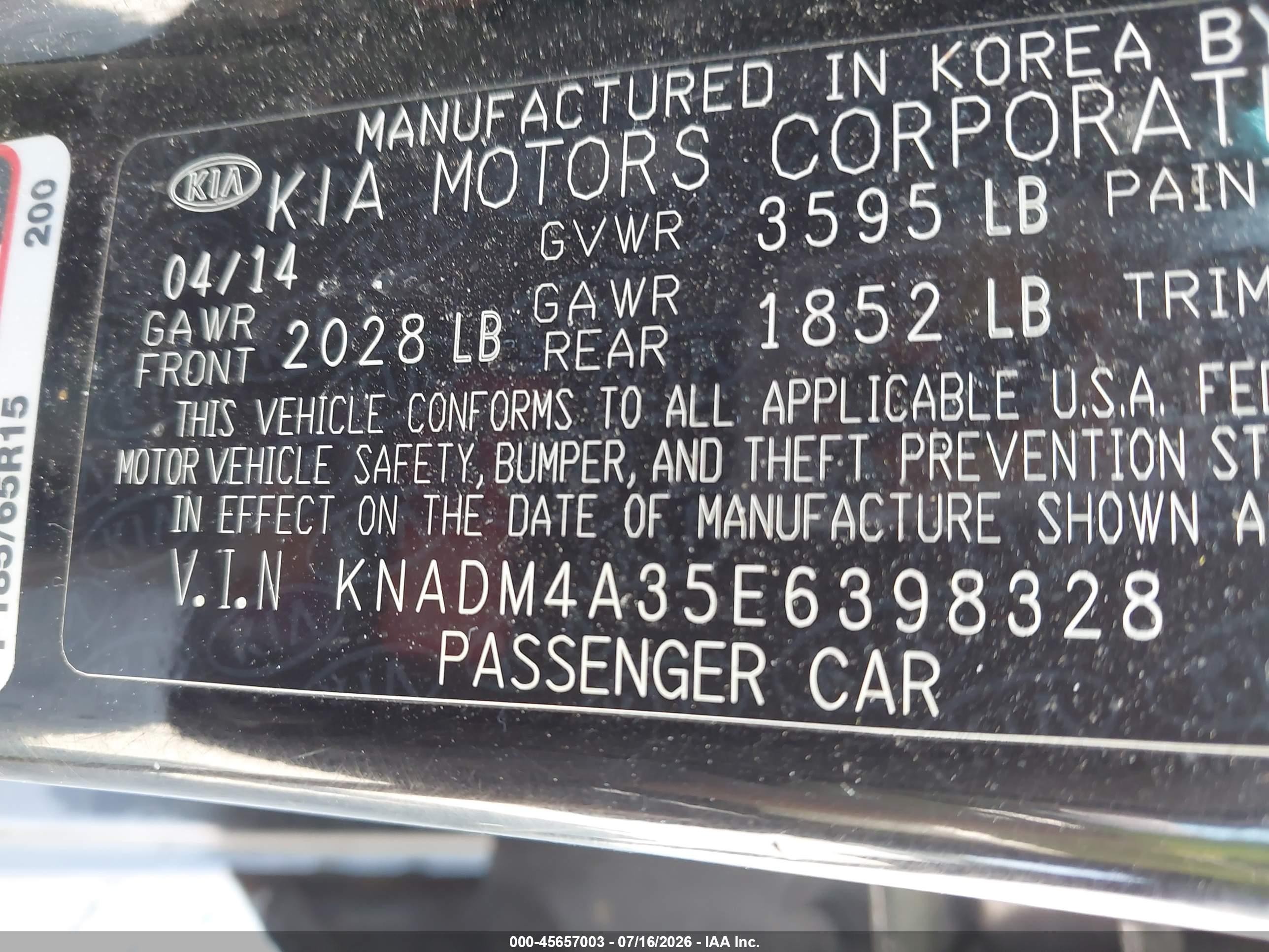 2014 Kia Rio Lx Black vin: KNADM4A35E6398328