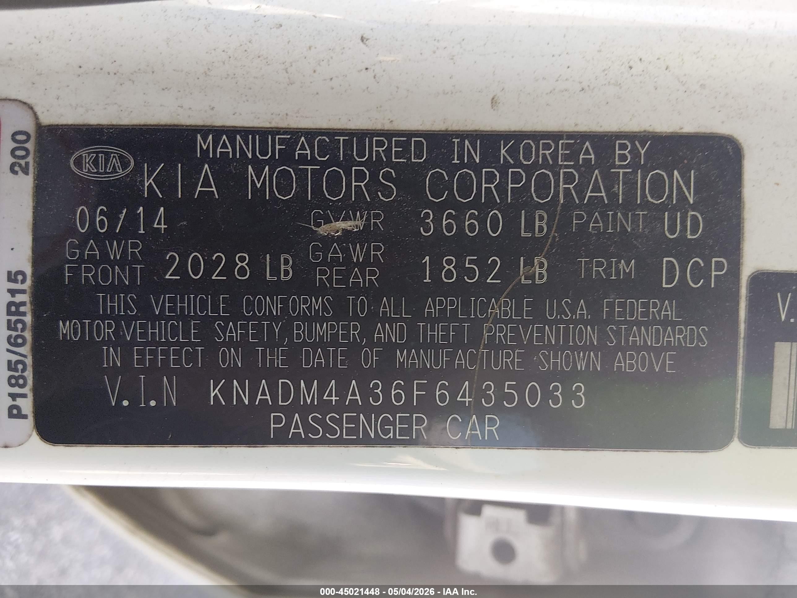 2015 Kia Rio Lx White vin: KNADM4A36F6435033