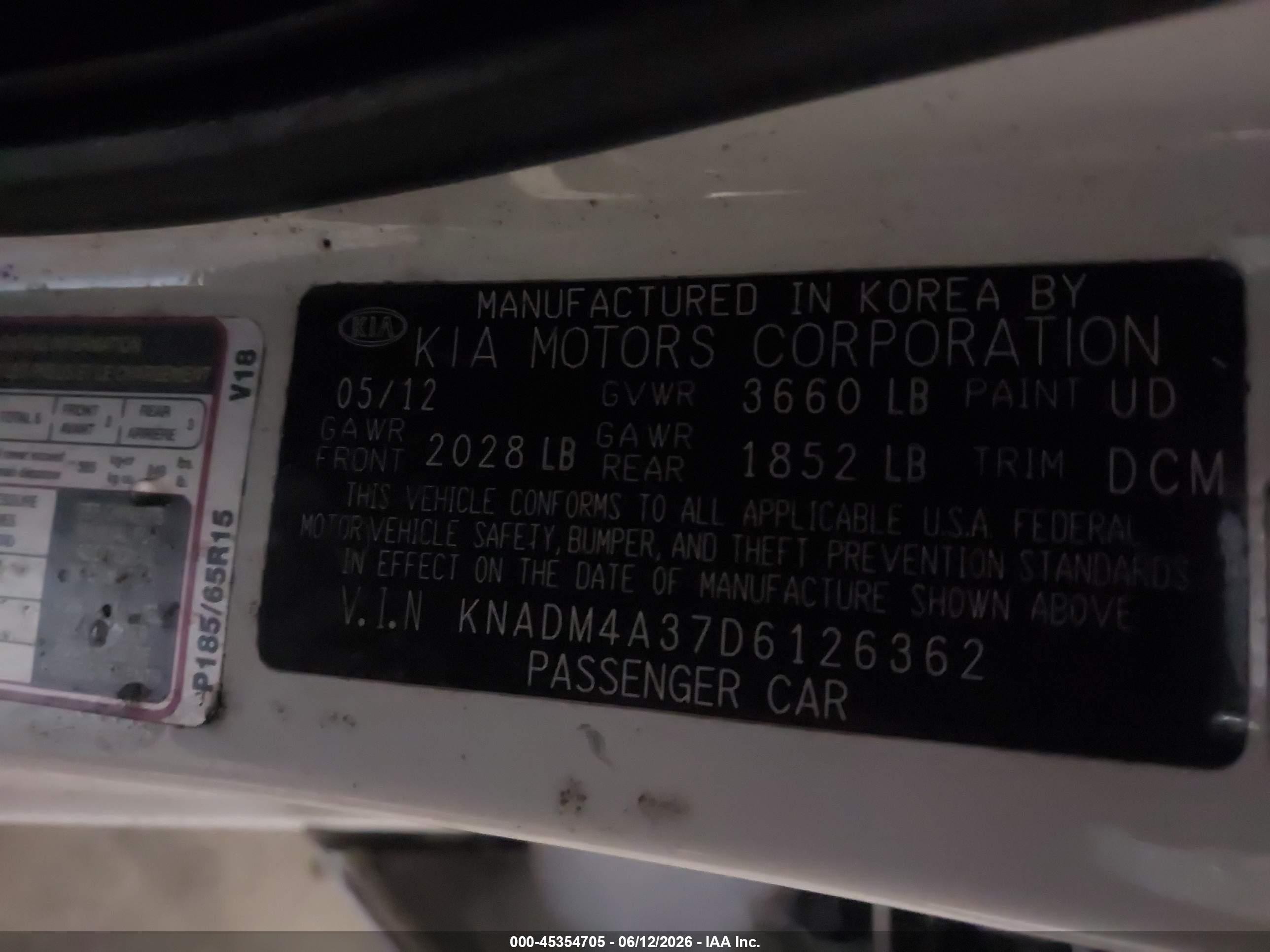 2013 Kia Rio Lx White vin: KNADM4A37D6126362
