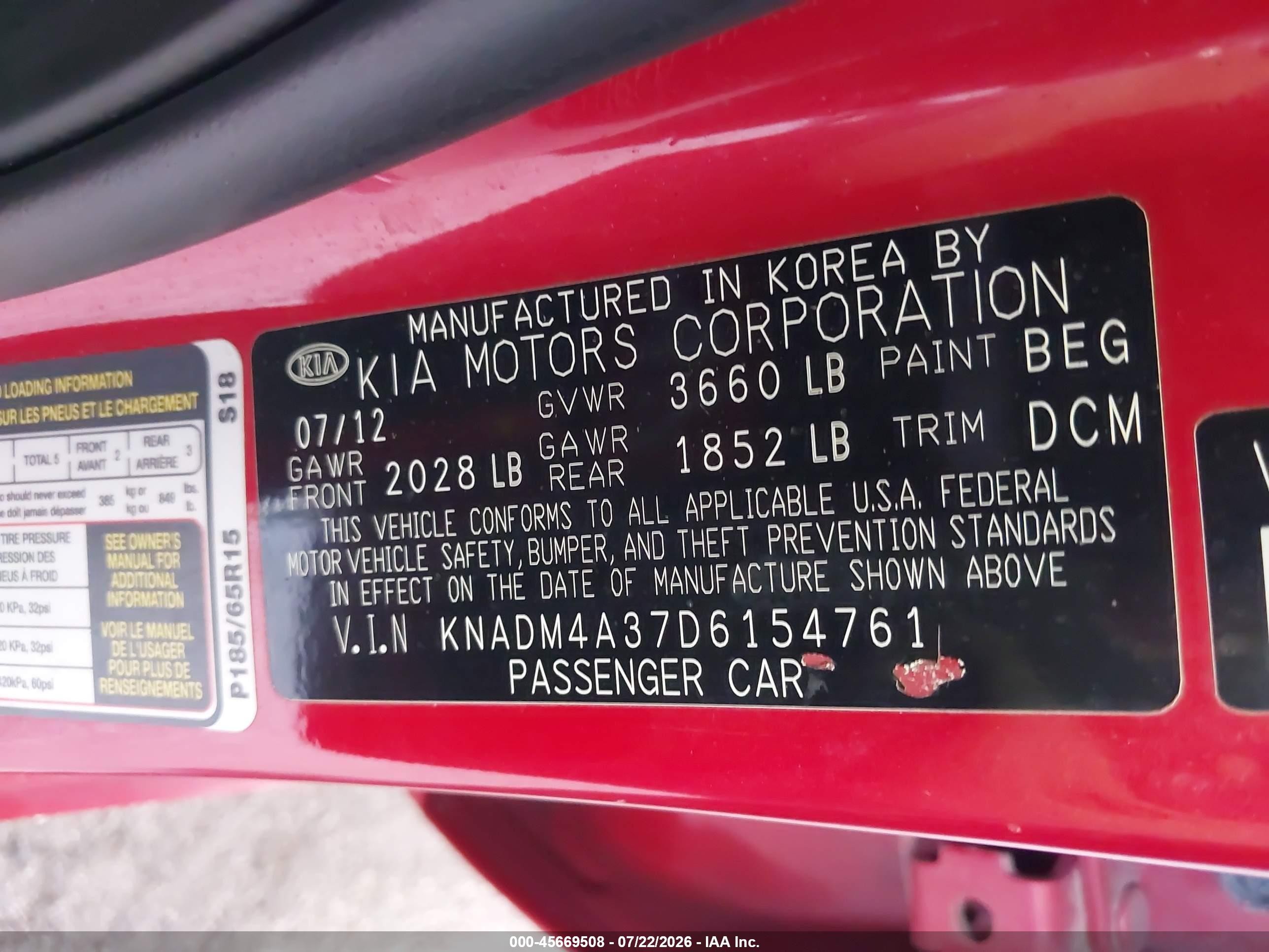 2013 Kia Rio Lx Red vin: KNADM4A37D6154761