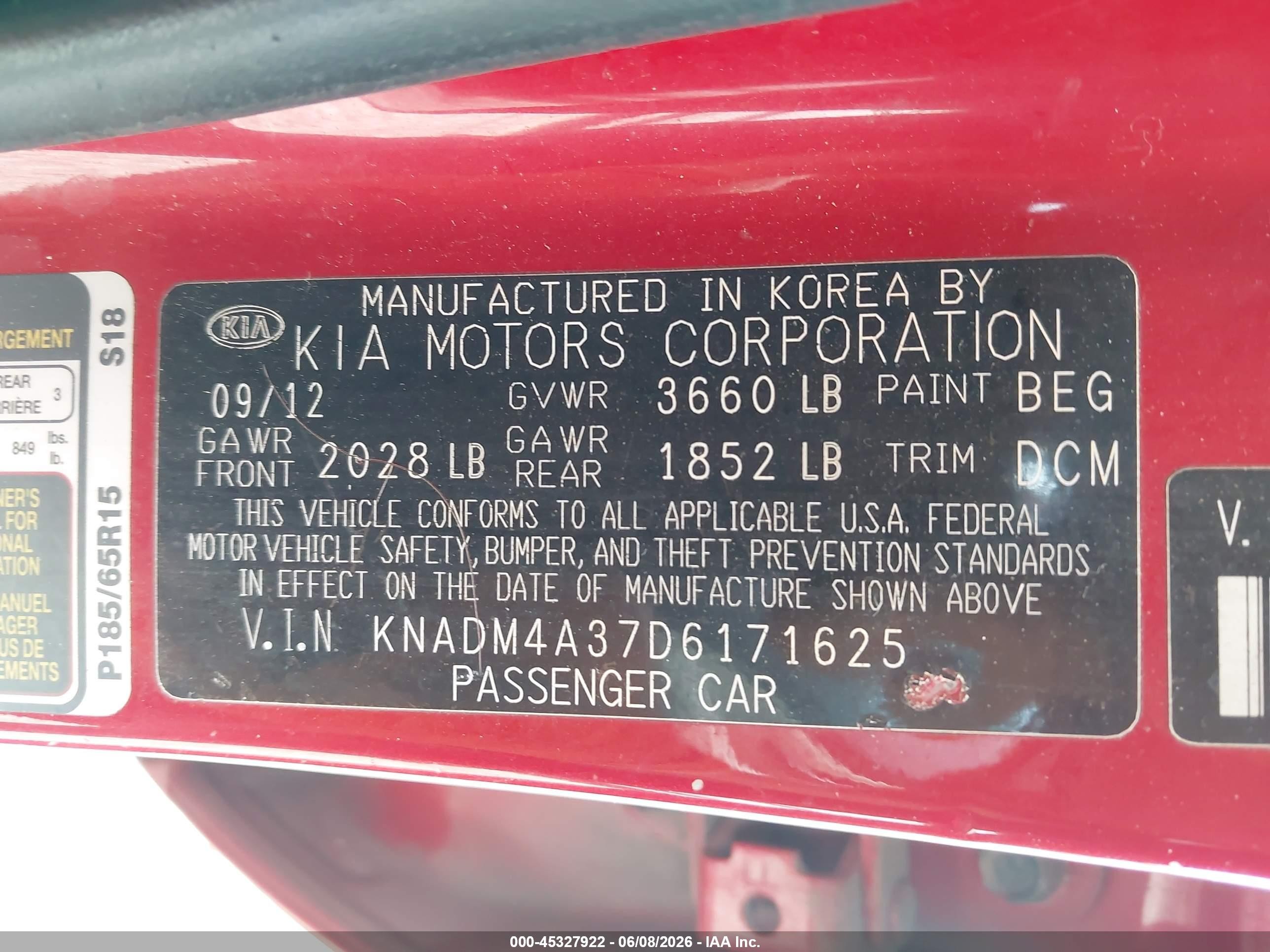 2013 Kia Rio Lx Red vin: KNADM4A37D6171625