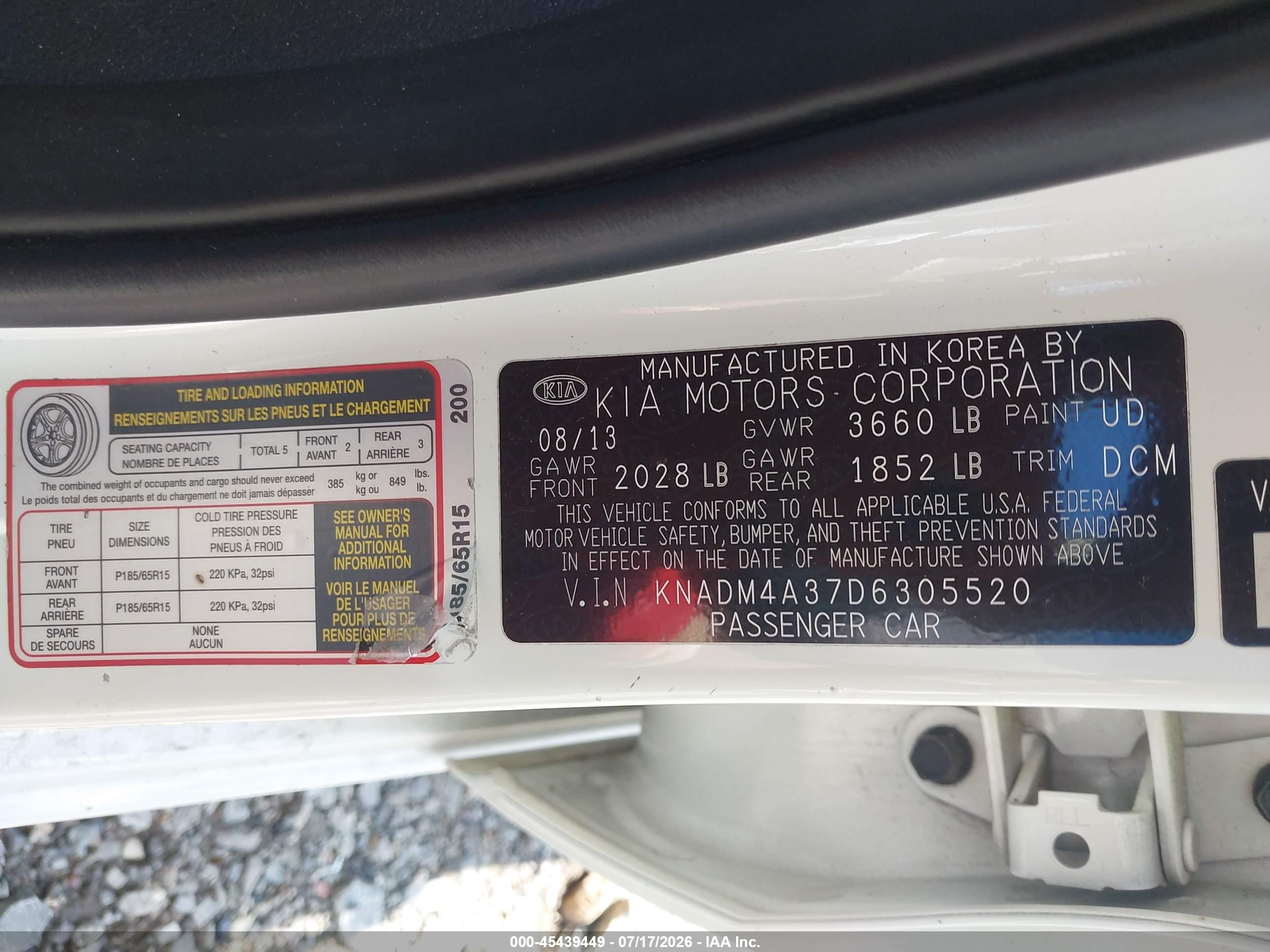 2013 Kia Rio Lx White vin: KNADM4A37D6305520