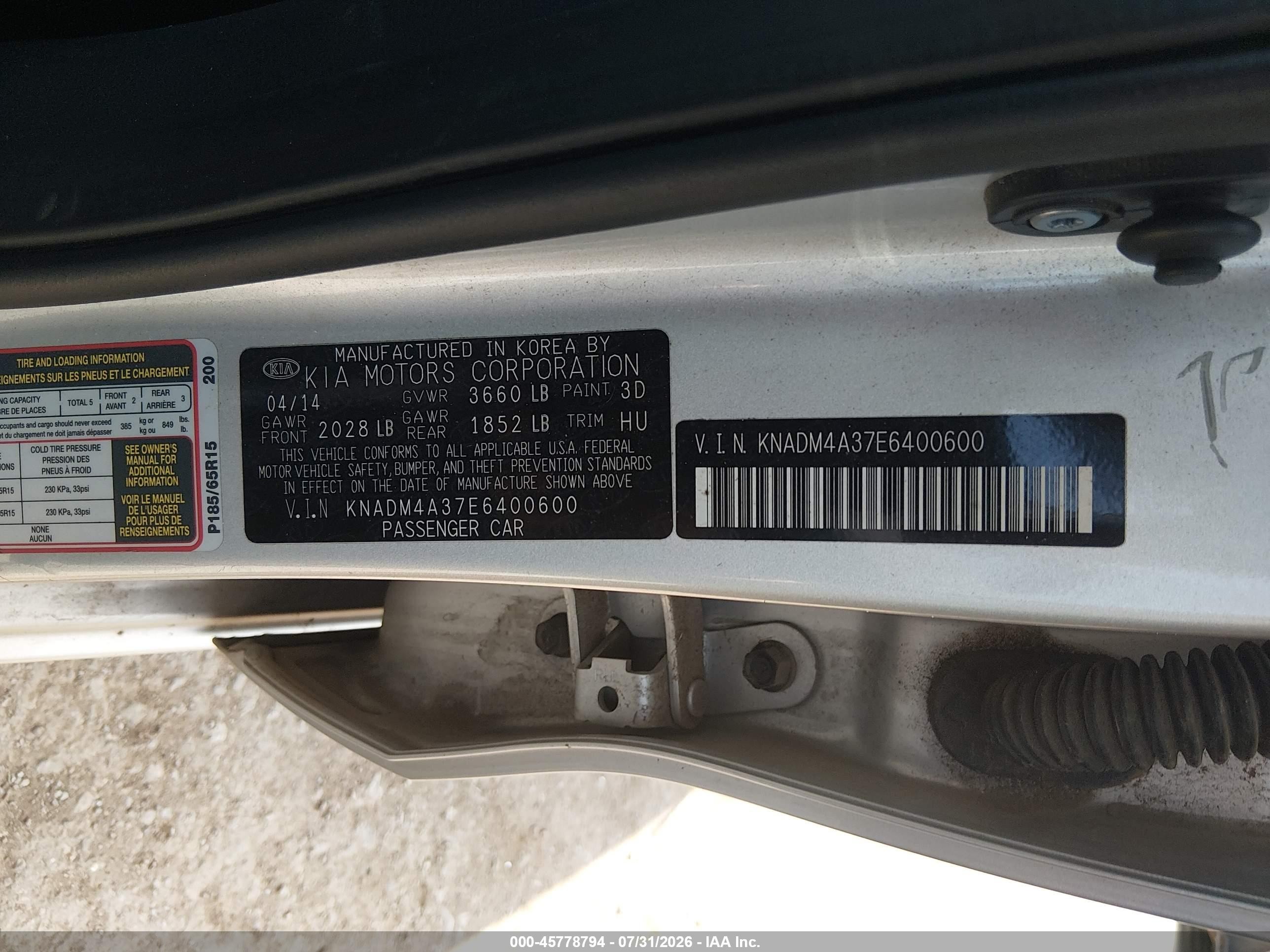 2014 Kia Rio Lx Silver vin: KNADM4A37E6400600