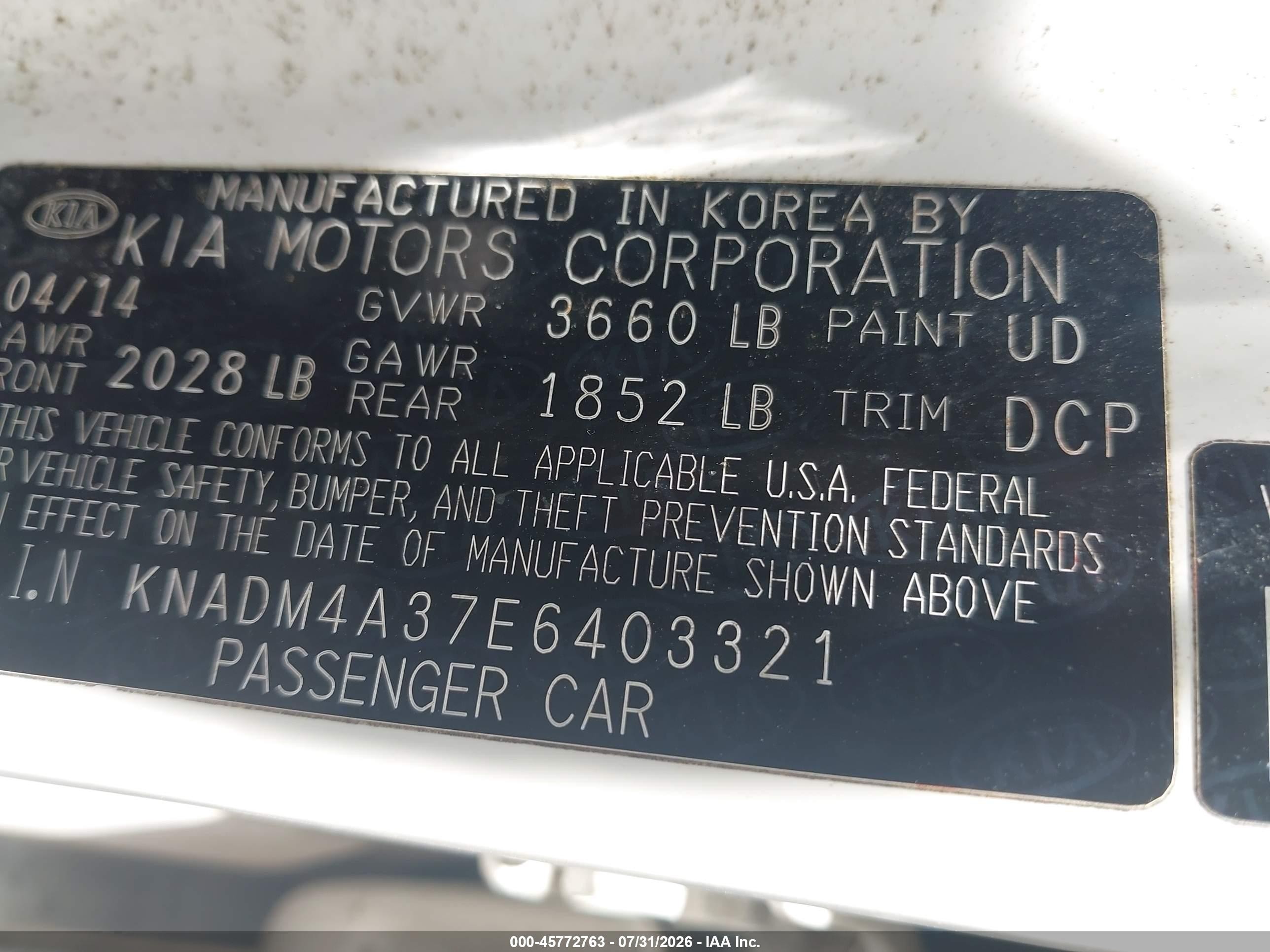 2014 Kia Rio Lx White vin: KNADM4A37E6403321
