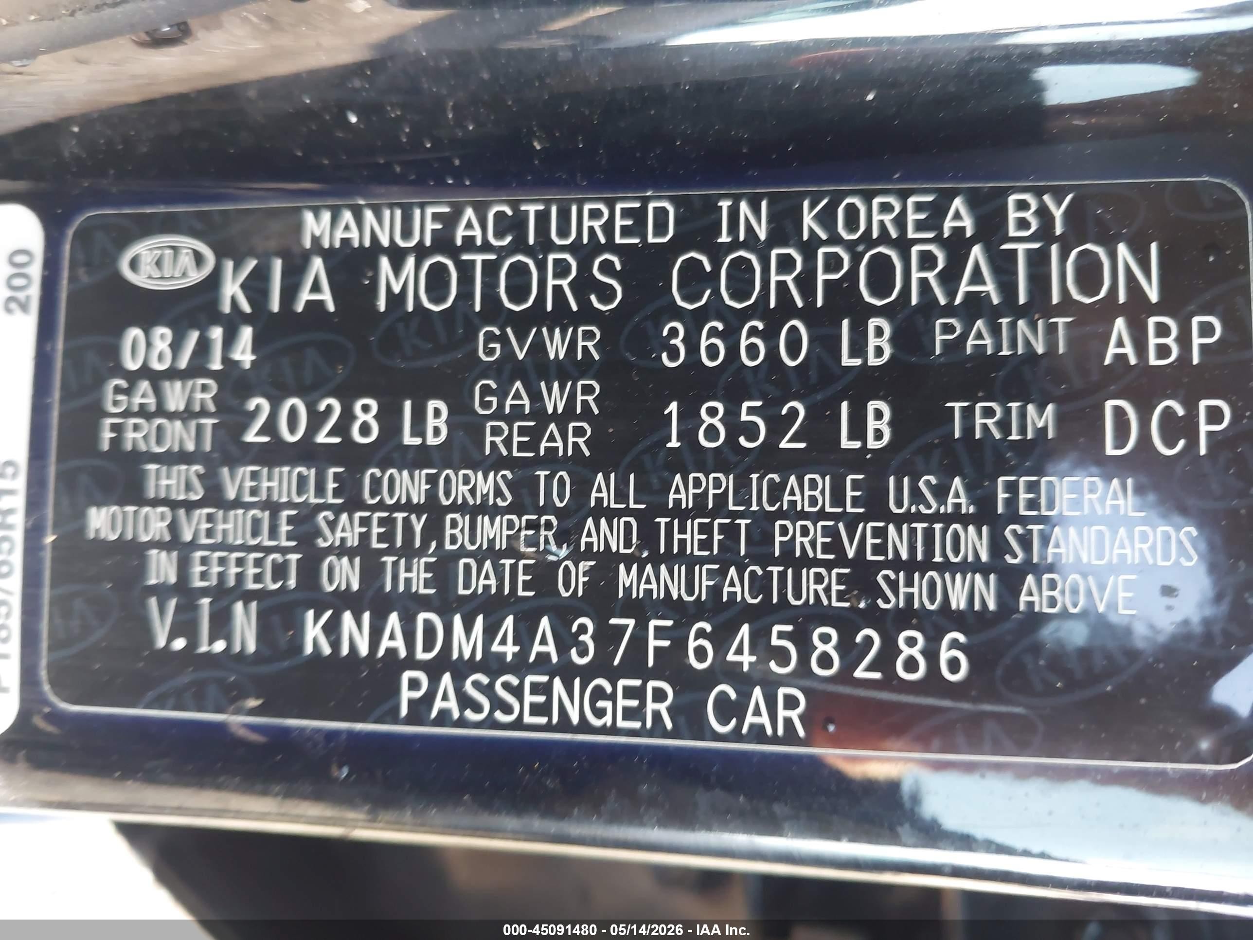 2015 Kia Rio Lx Black vin: KNADM4A37F6458286