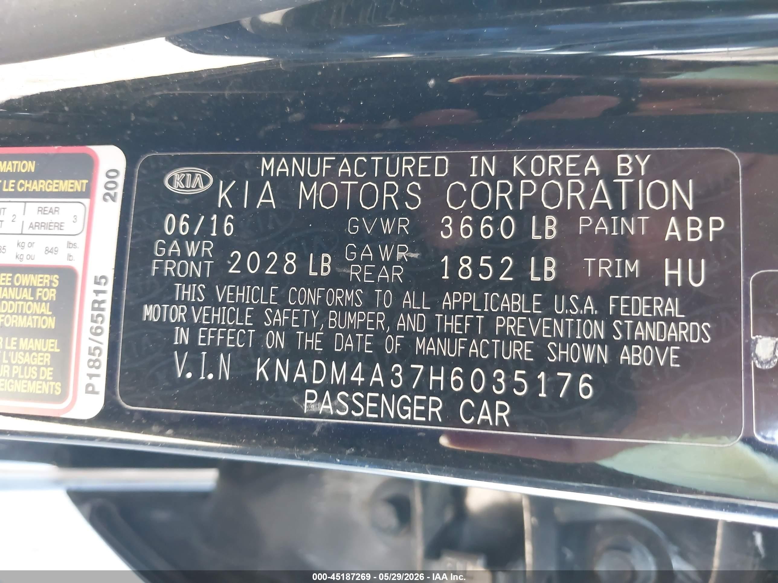 2017 Kia Rio Lx Black vin: KNADM4A37H6035176