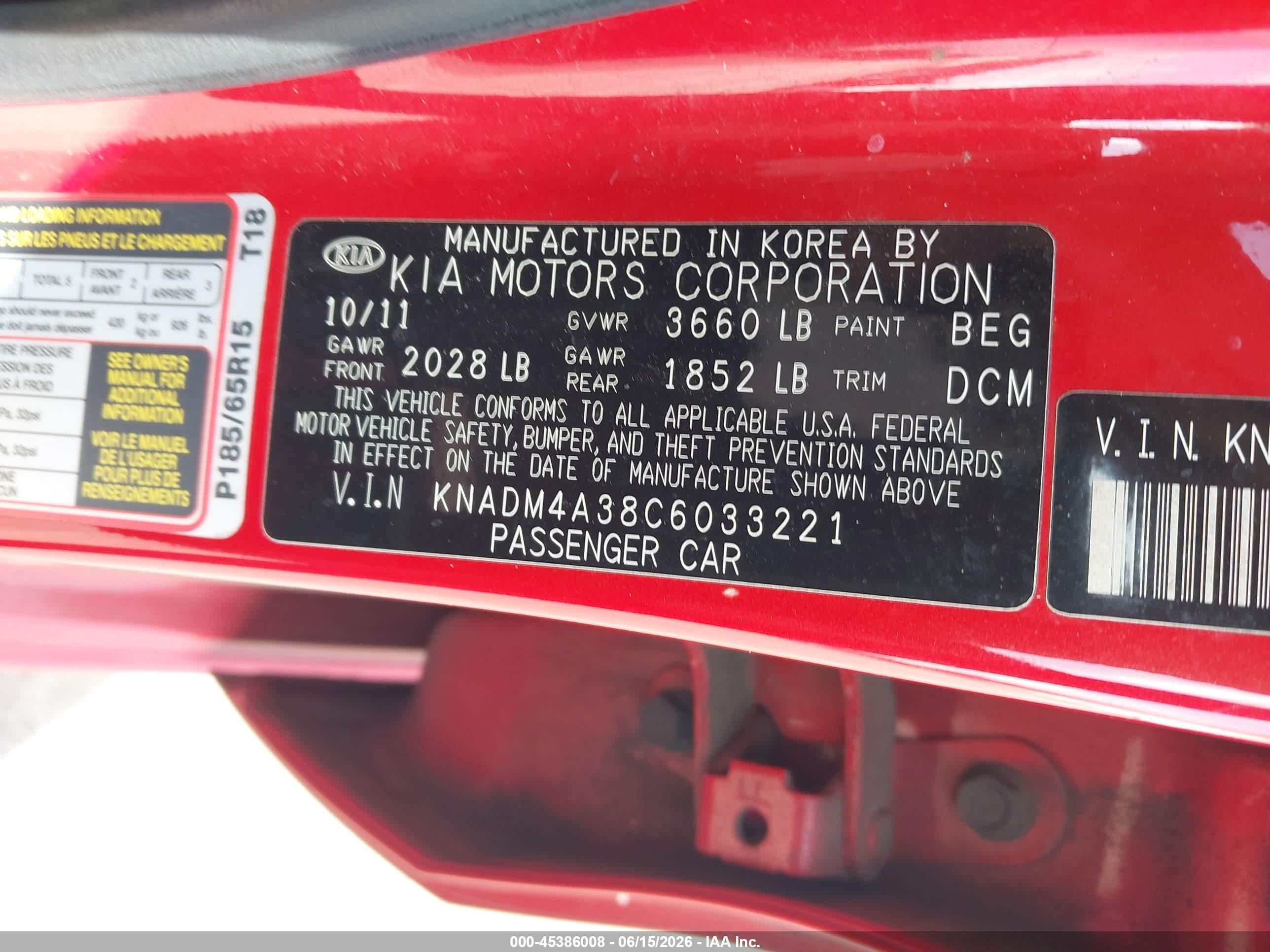 2012 Kia Rio Lx Red vin: KNADM4A38C6033221