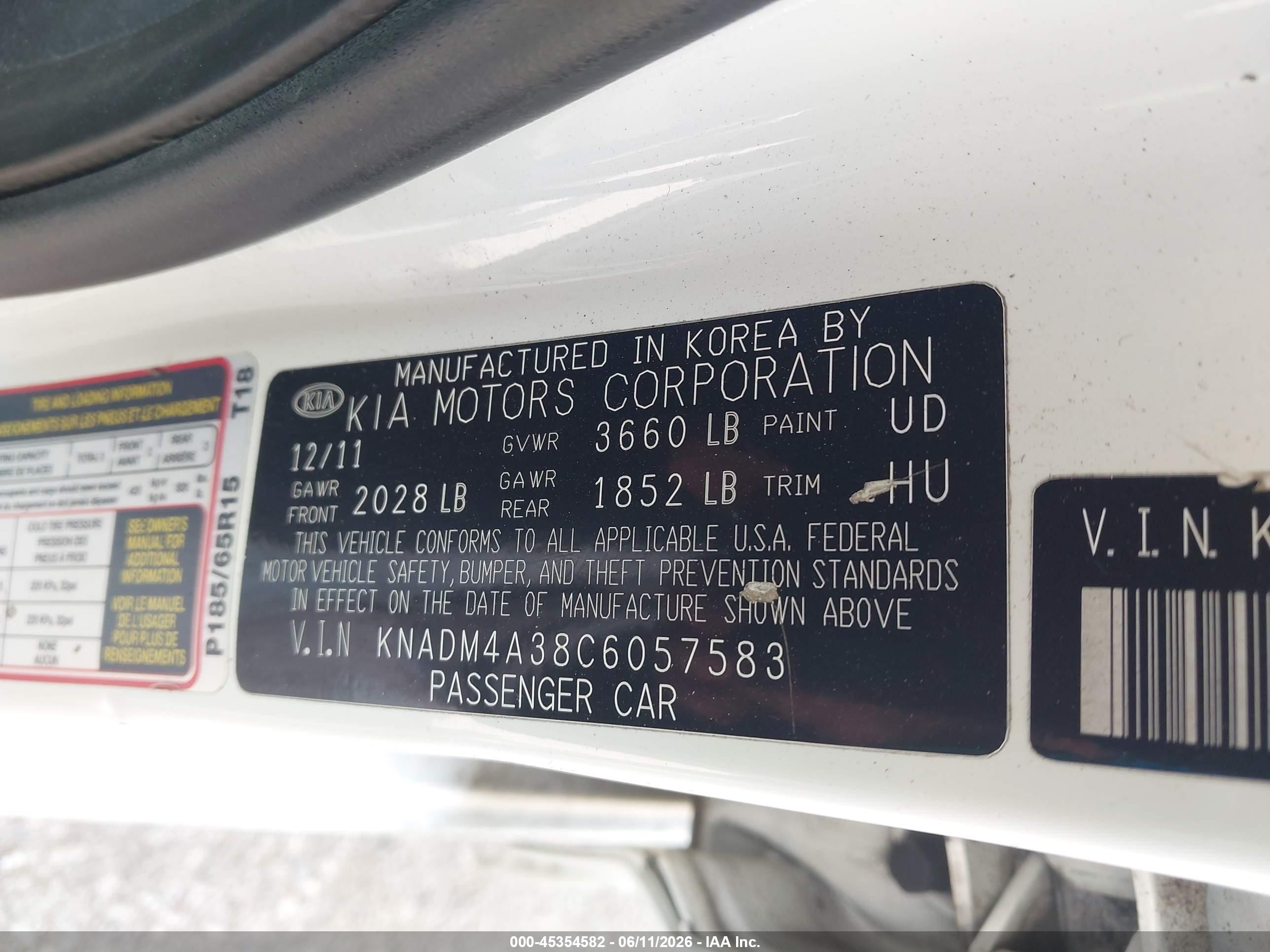 2012 Kia Rio Lx White vin: KNADM4A38C6057583
