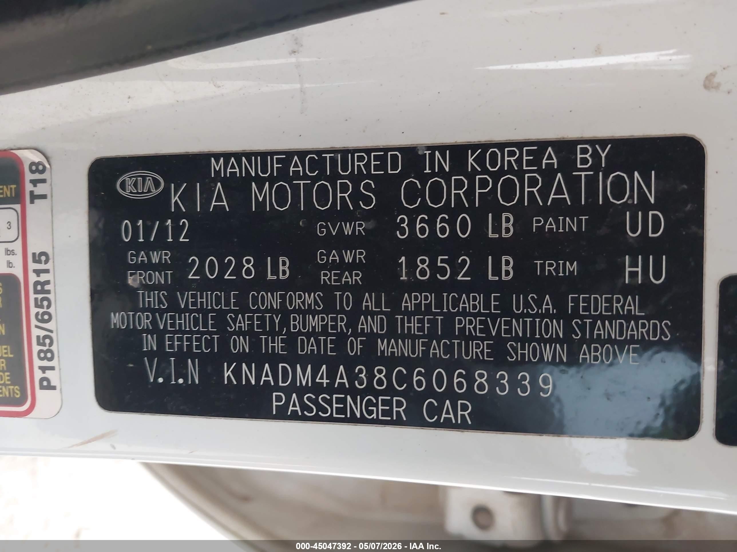 2012 Kia Rio Lx White vin: KNADM4A38C6068339