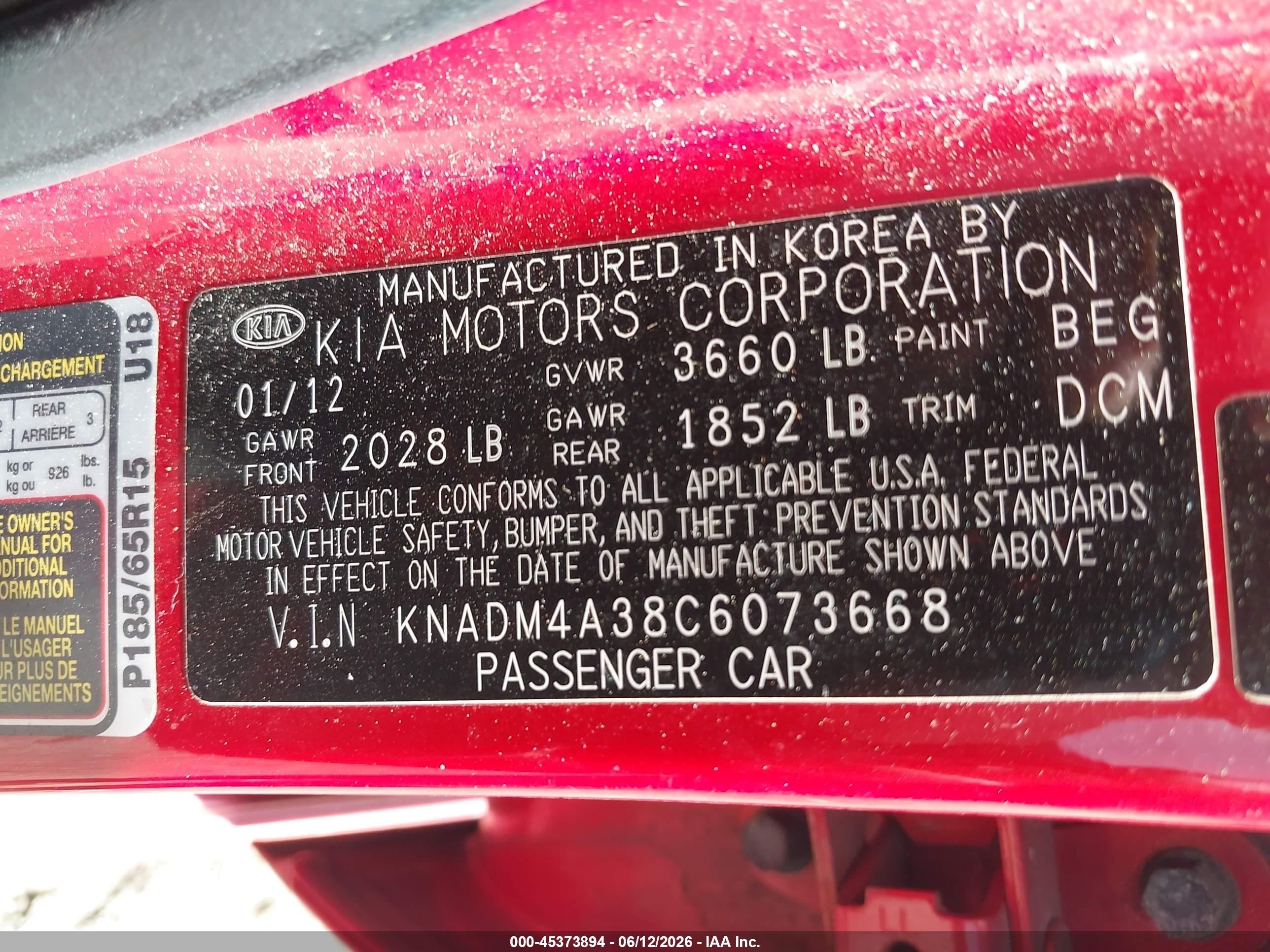 2012 Kia Rio Lx Red vin: KNADM4A38C6073668