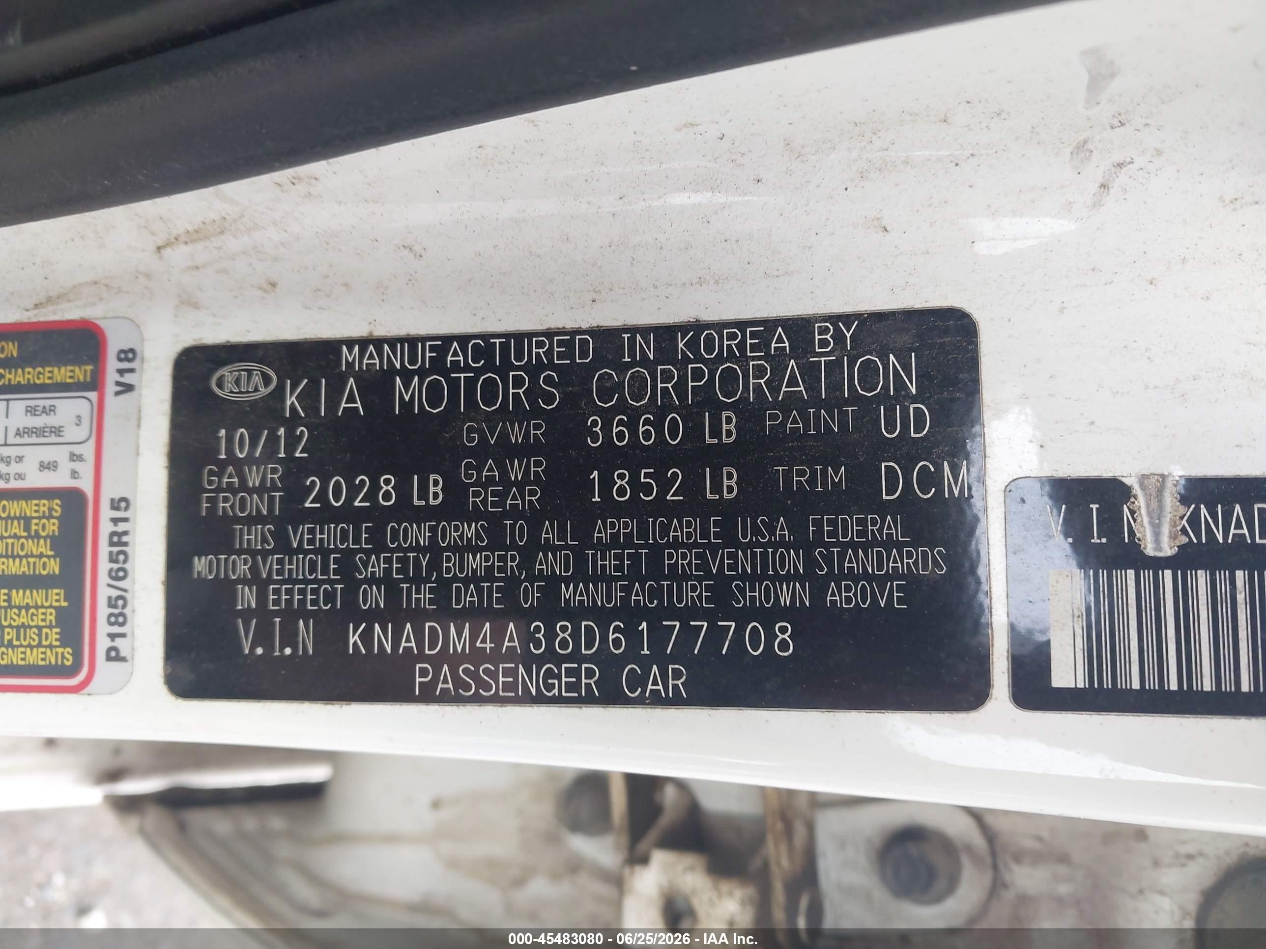 2013 Kia Rio Lx White vin: KNADM4A38D6177708