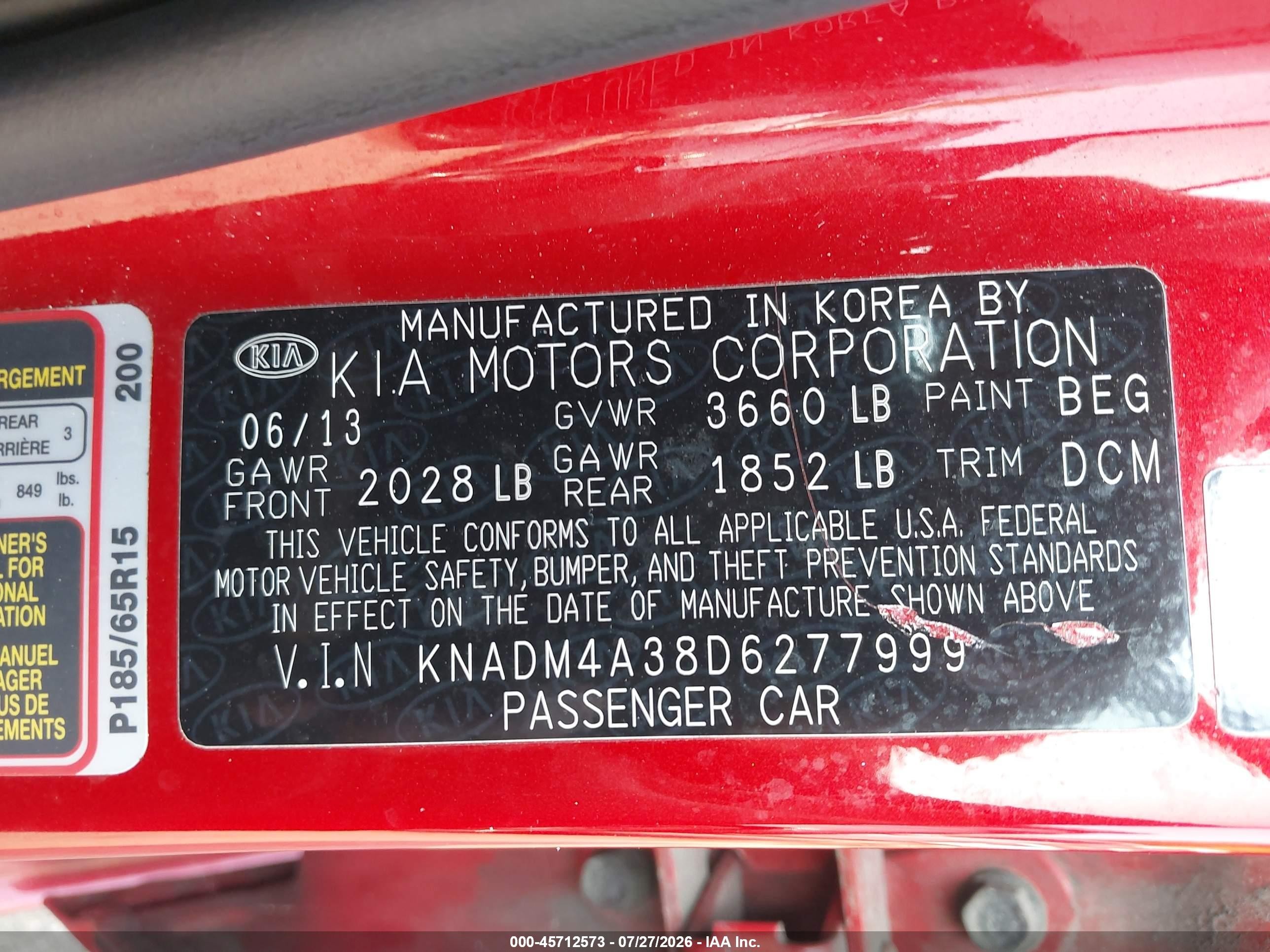 2013 Kia Rio Lx Red vin: KNADM4A38D6277999