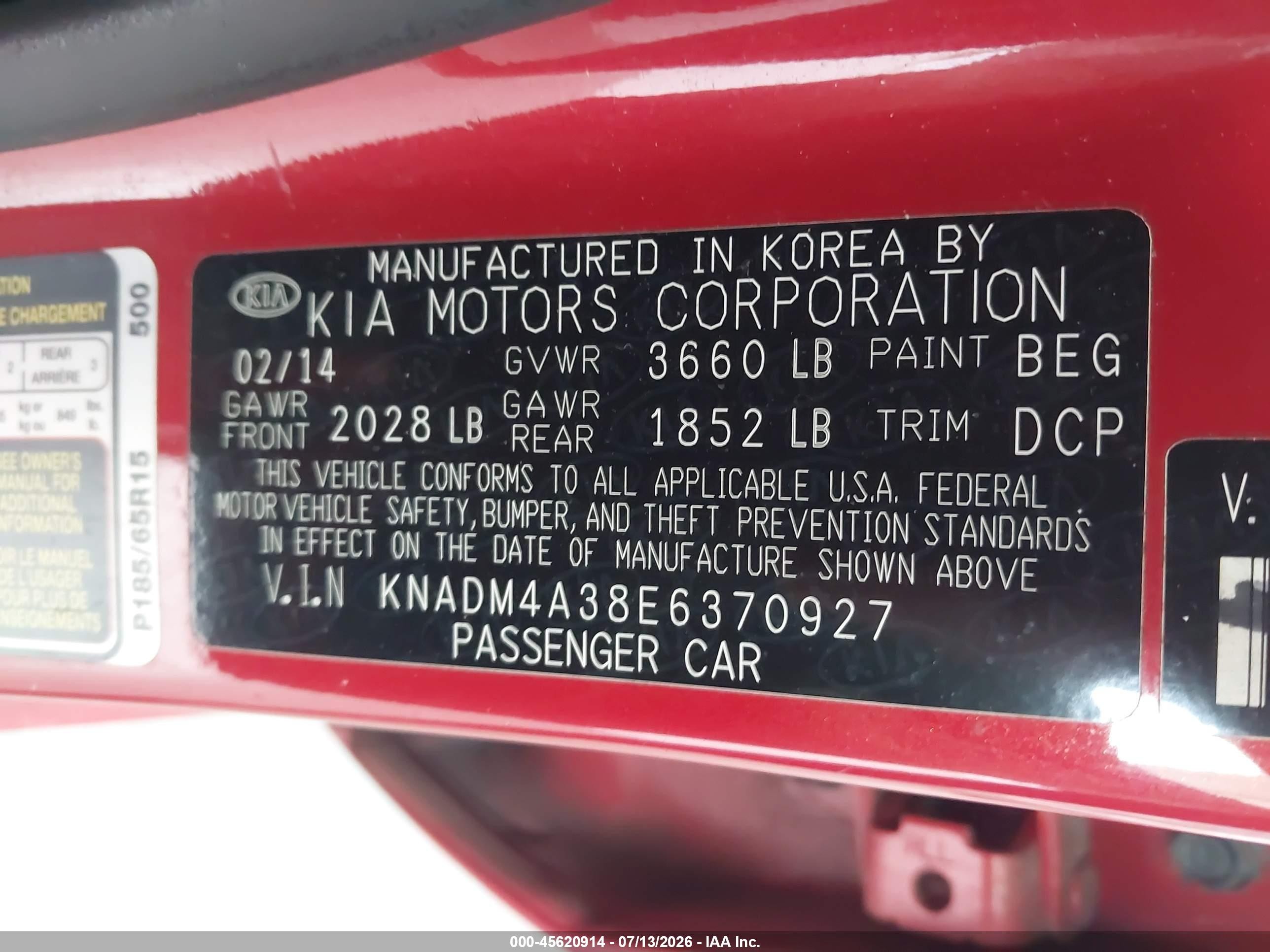 2014 Kia Rio Lx Red vin: KNADM4A38E6370927