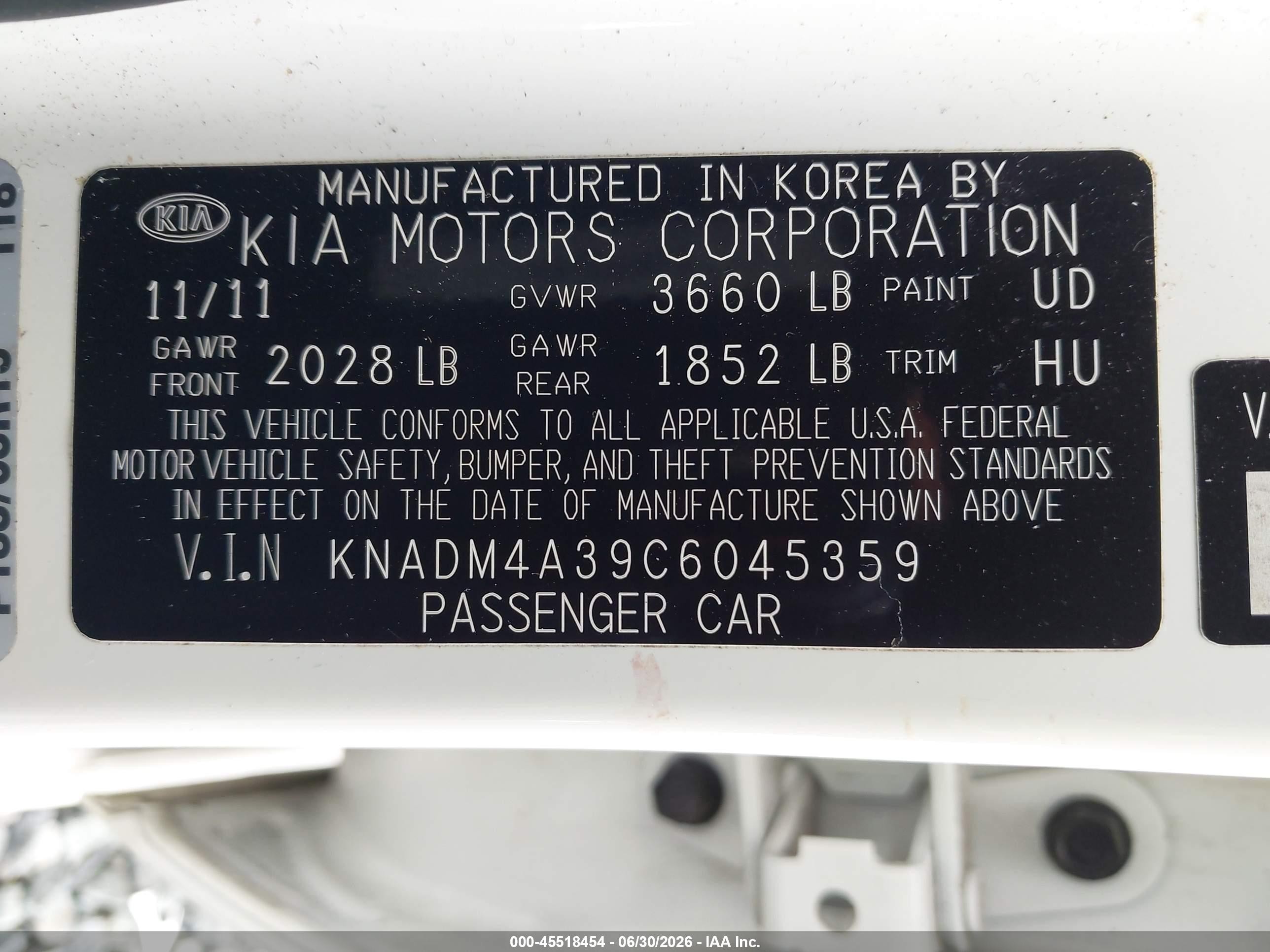 2012 Kia Rio Lx White vin: KNADM4A39C6045359