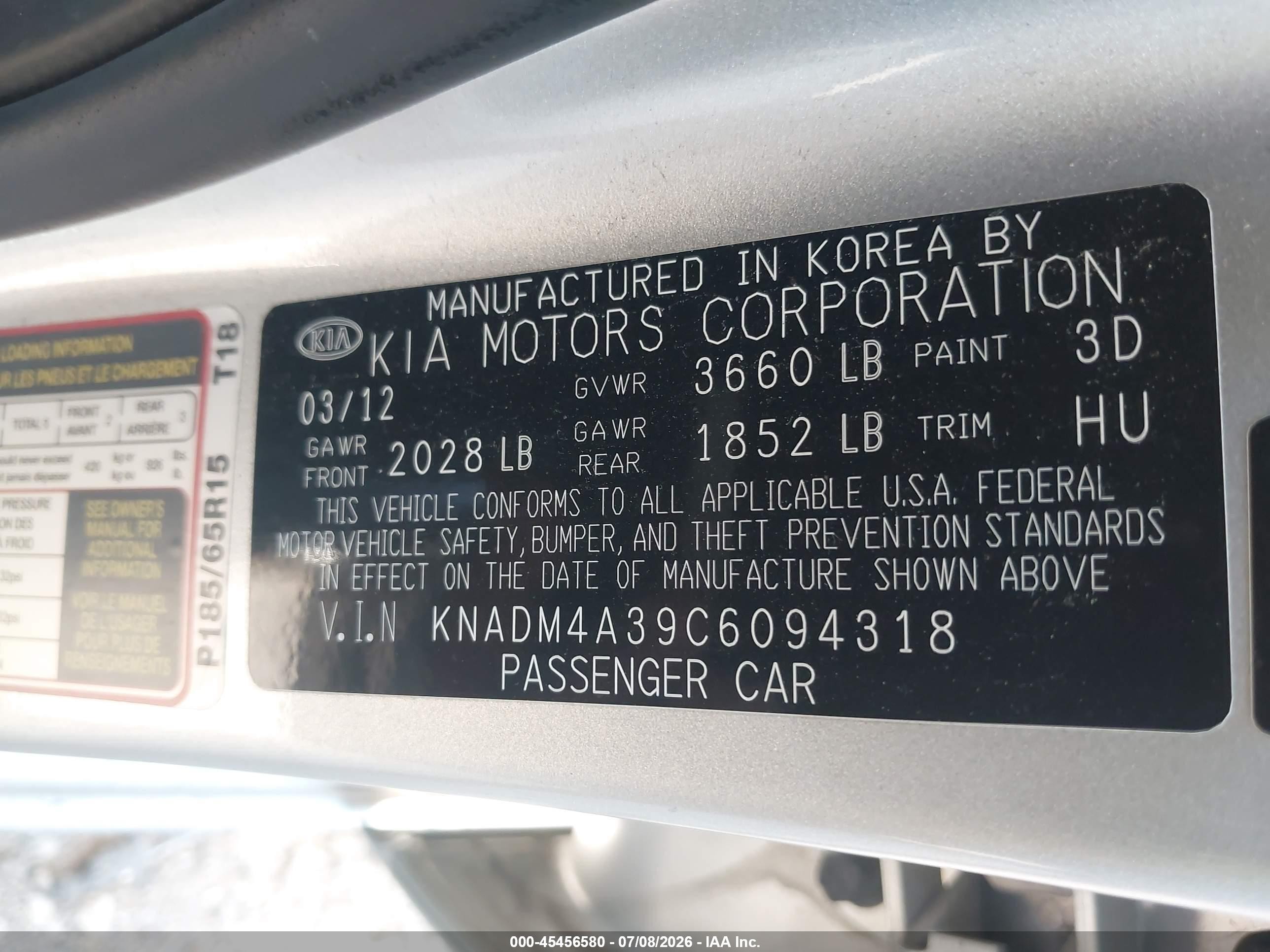 2012 Kia Rio Lx Silver vin: KNADM4A39C6094318