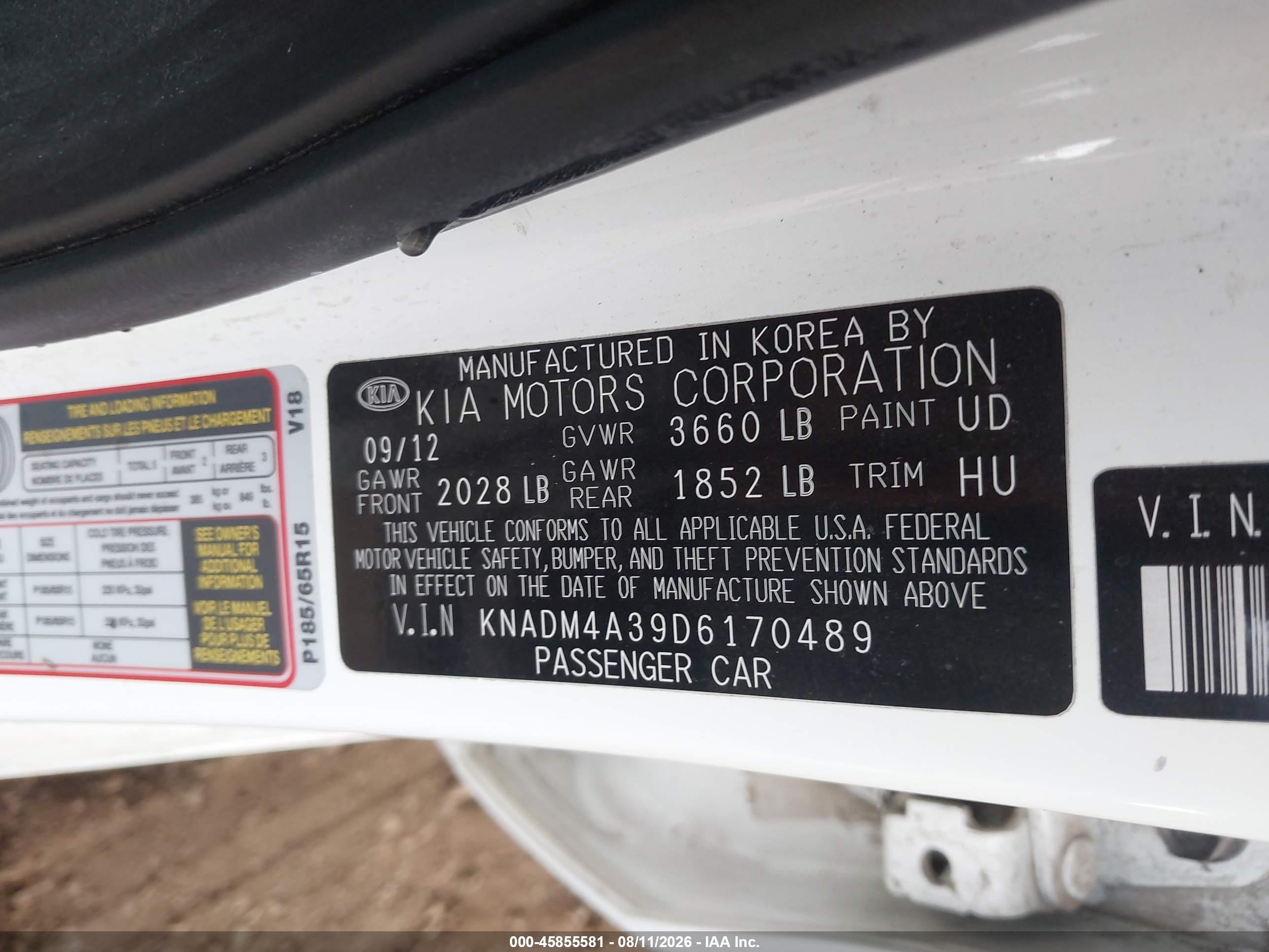 2013 Kia Rio Lx White vin: KNADM4A39D6170489