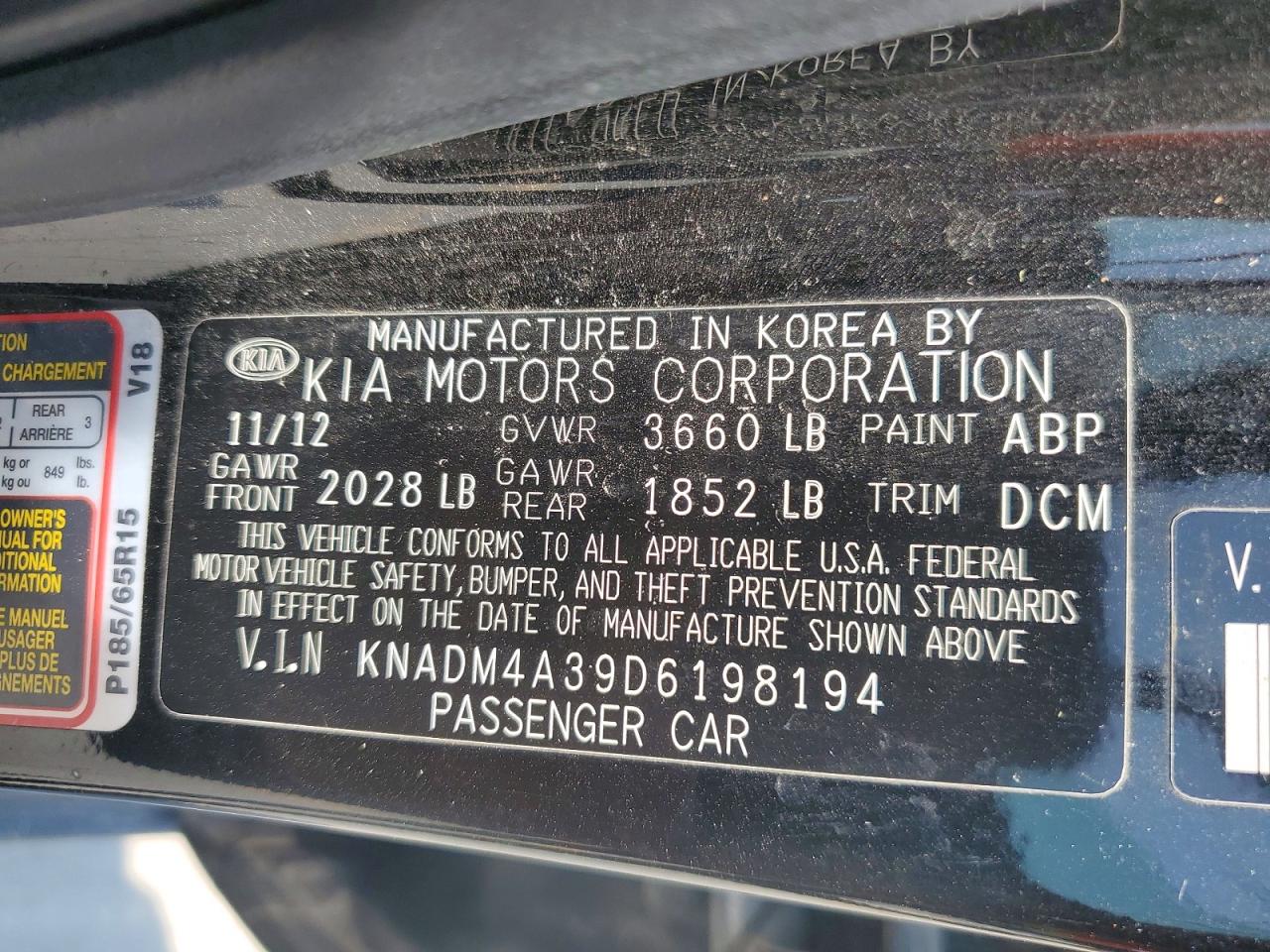 2013 Kia Rio Lx Black vin: KNADM4A39D6198194