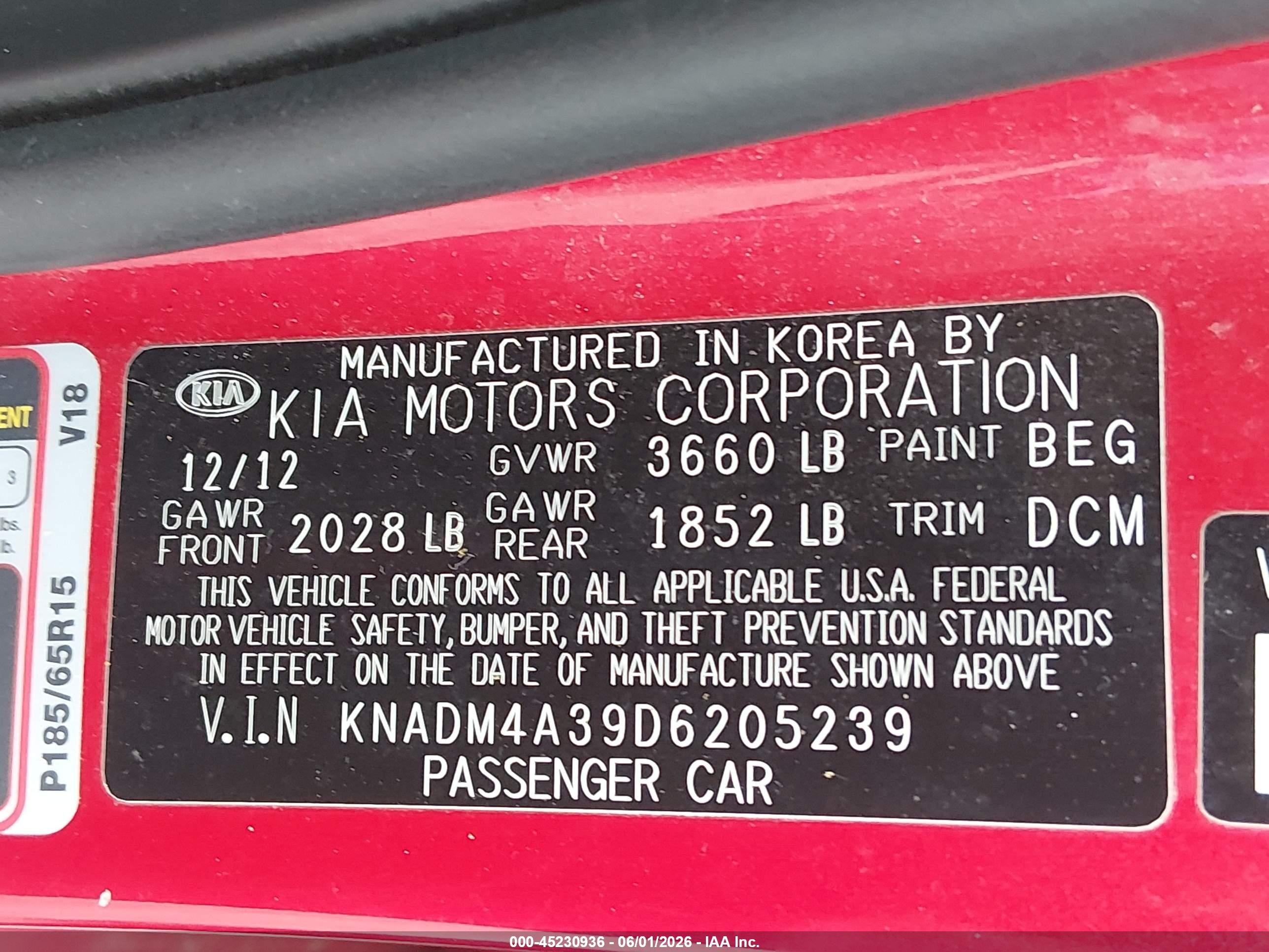 2013 Kia Rio Lx Red vin: KNADM4A39D6205239