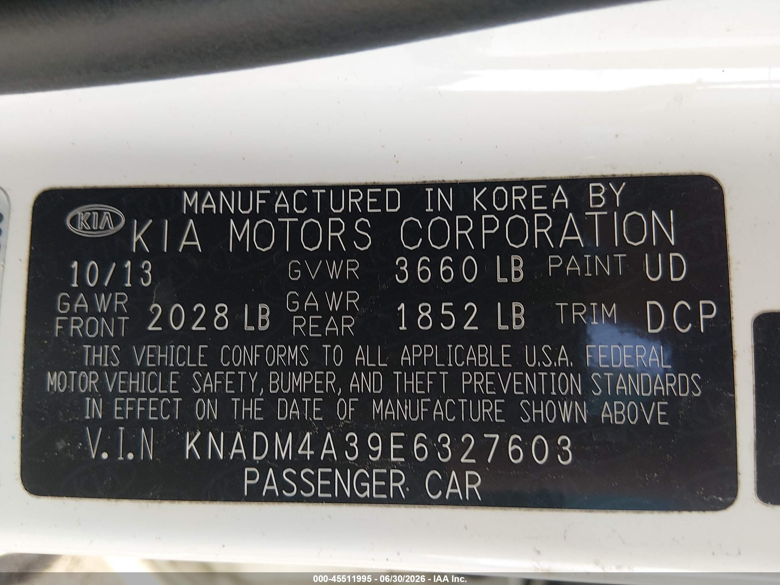 2014 Kia Rio Lx White vin: KNADM4A39E6327603