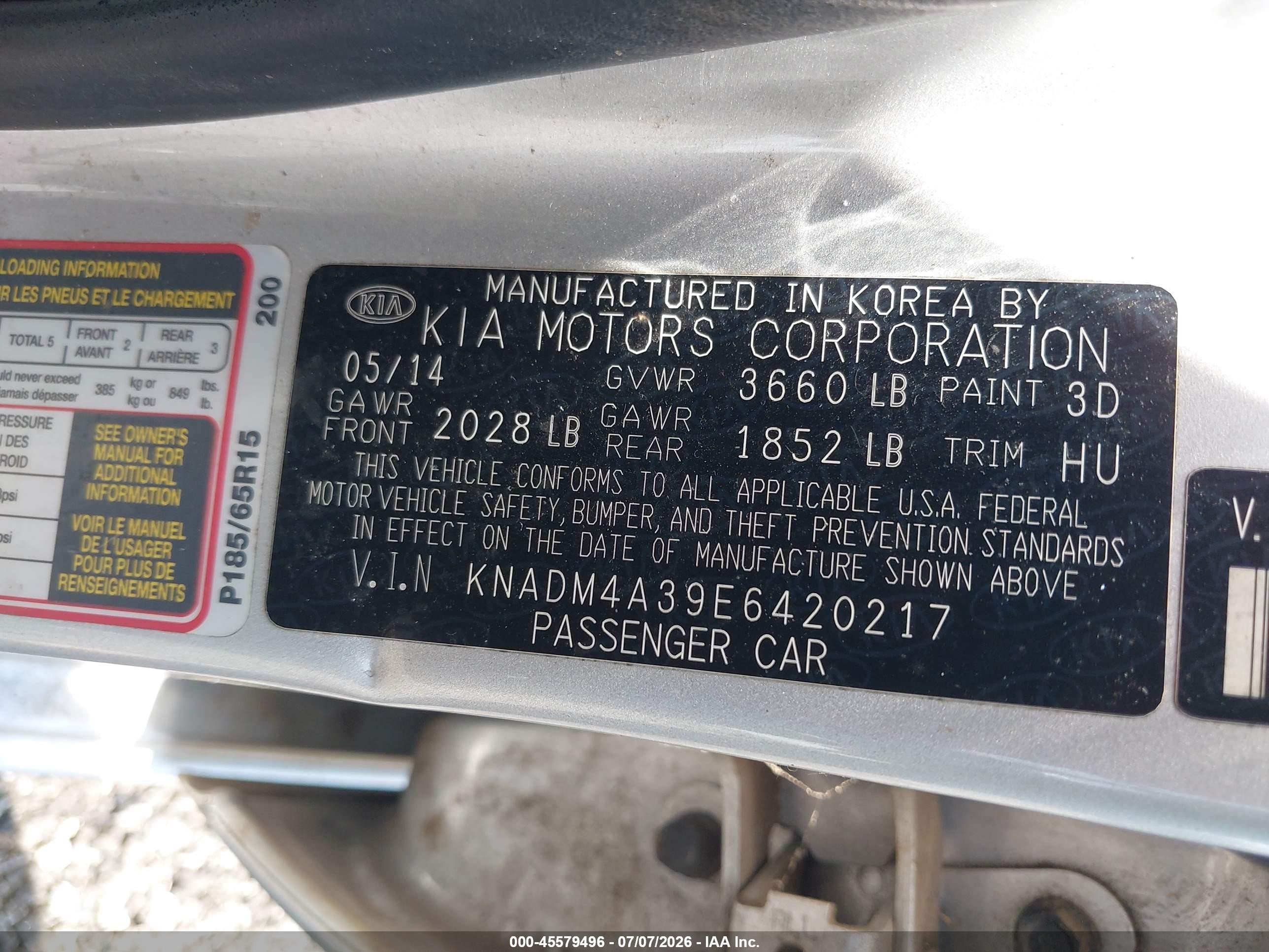 2014 Kia Rio Lx Gray vin: KNADM4A39E6420217