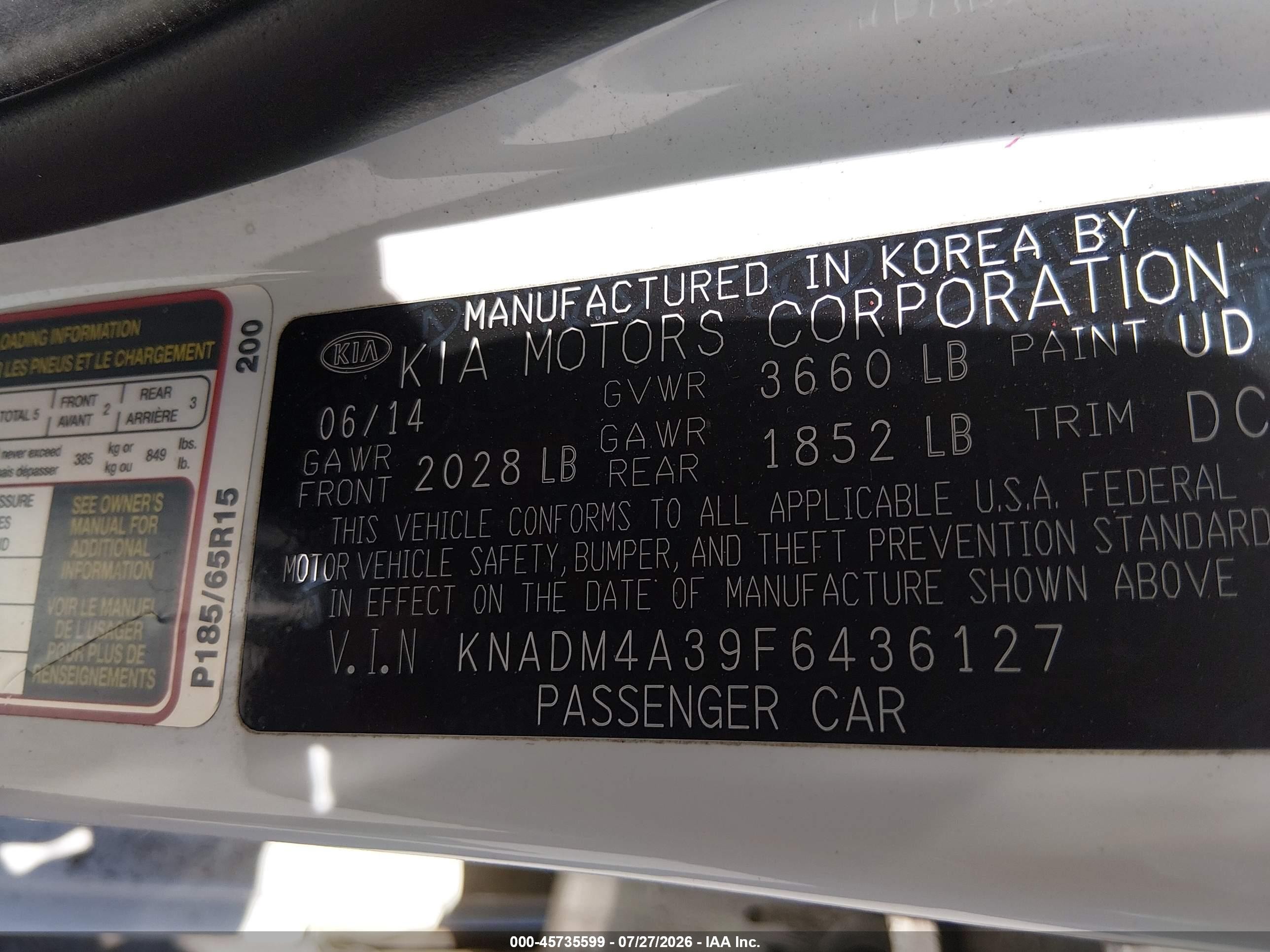 2015 Kia Rio Lx Белый vin: KNADM4A39F6436127