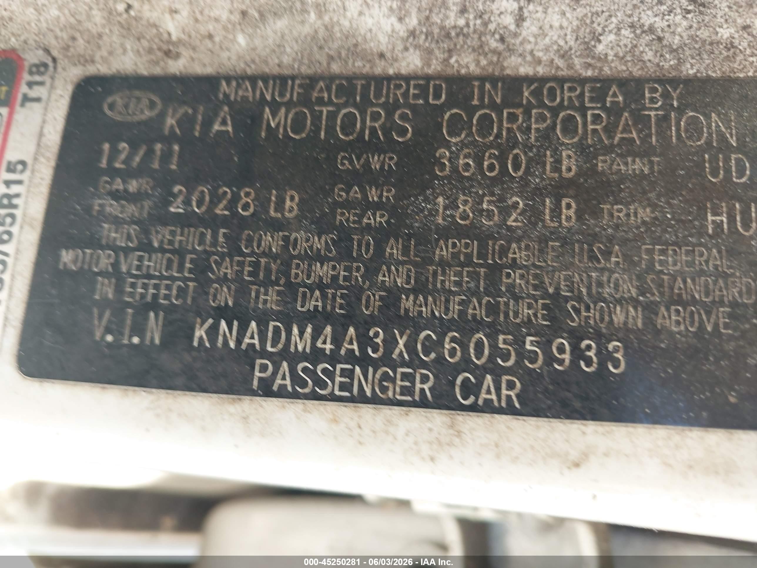 2012 Kia Rio Lx Белый vin: KNADM4A3XC6055933
