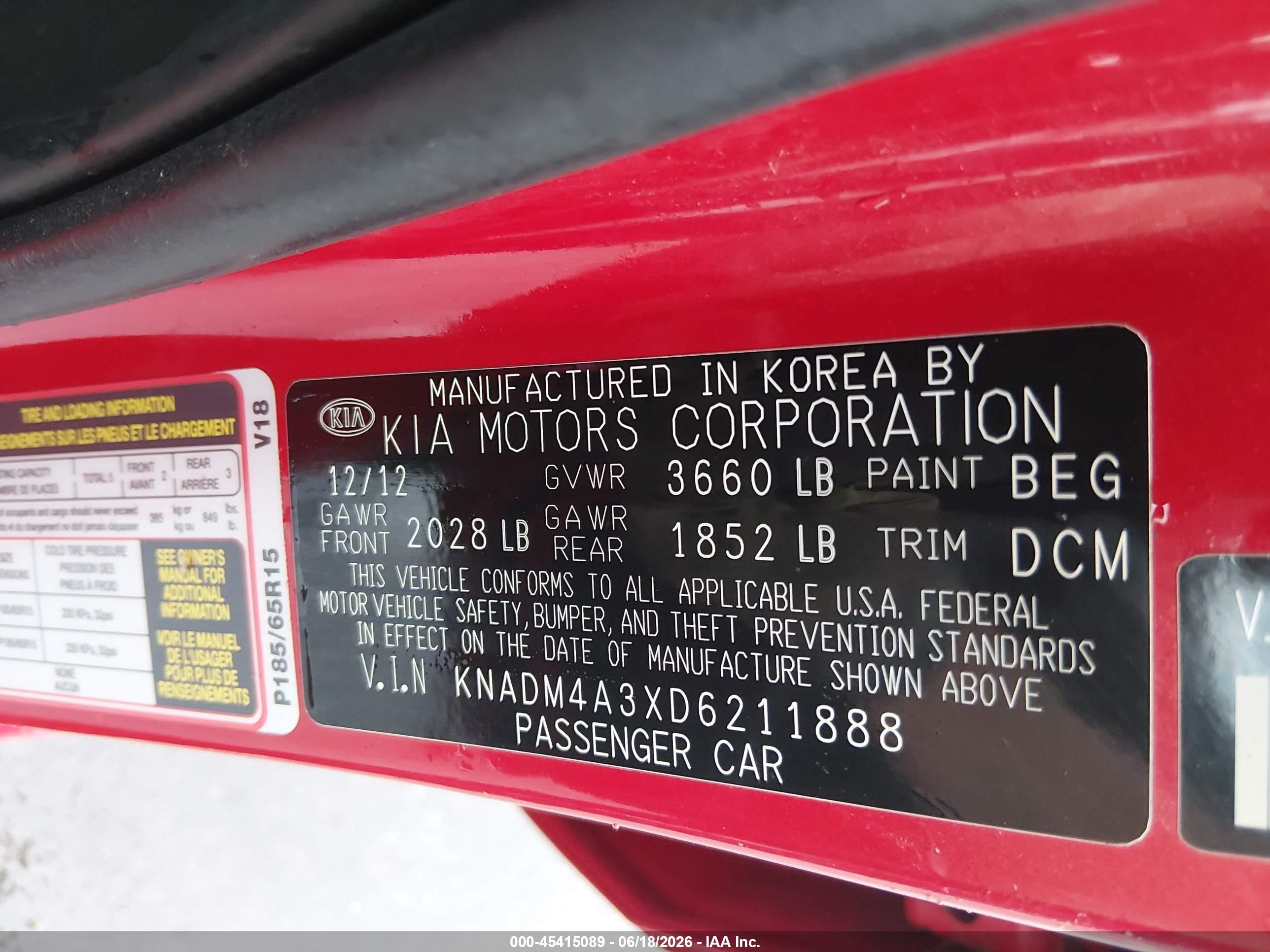 2013 Kia Rio Lx Red vin: KNADM4A3XD6211888