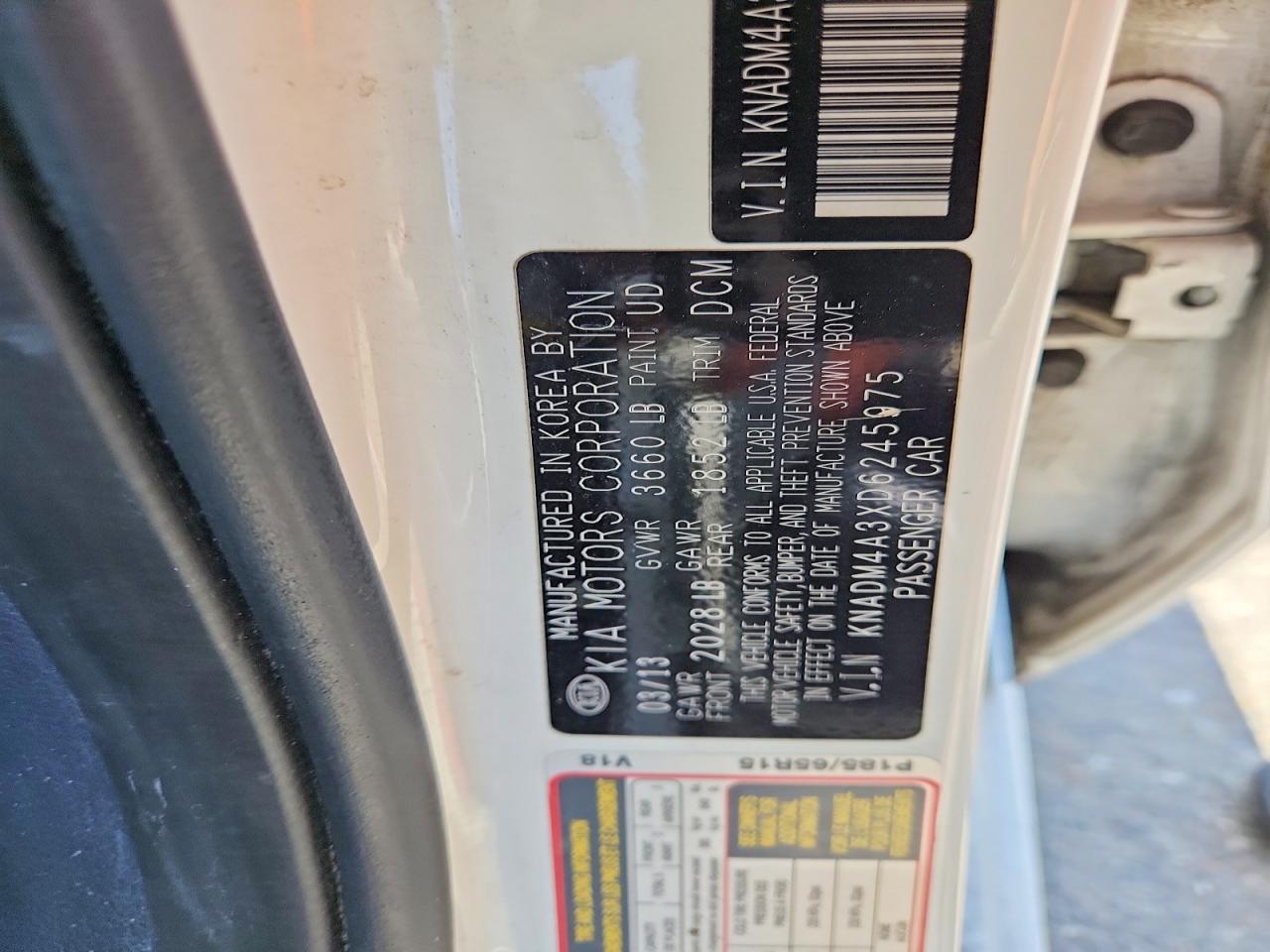 2013 Kia Rio Lx White vin: KNADM4A3XD6245975