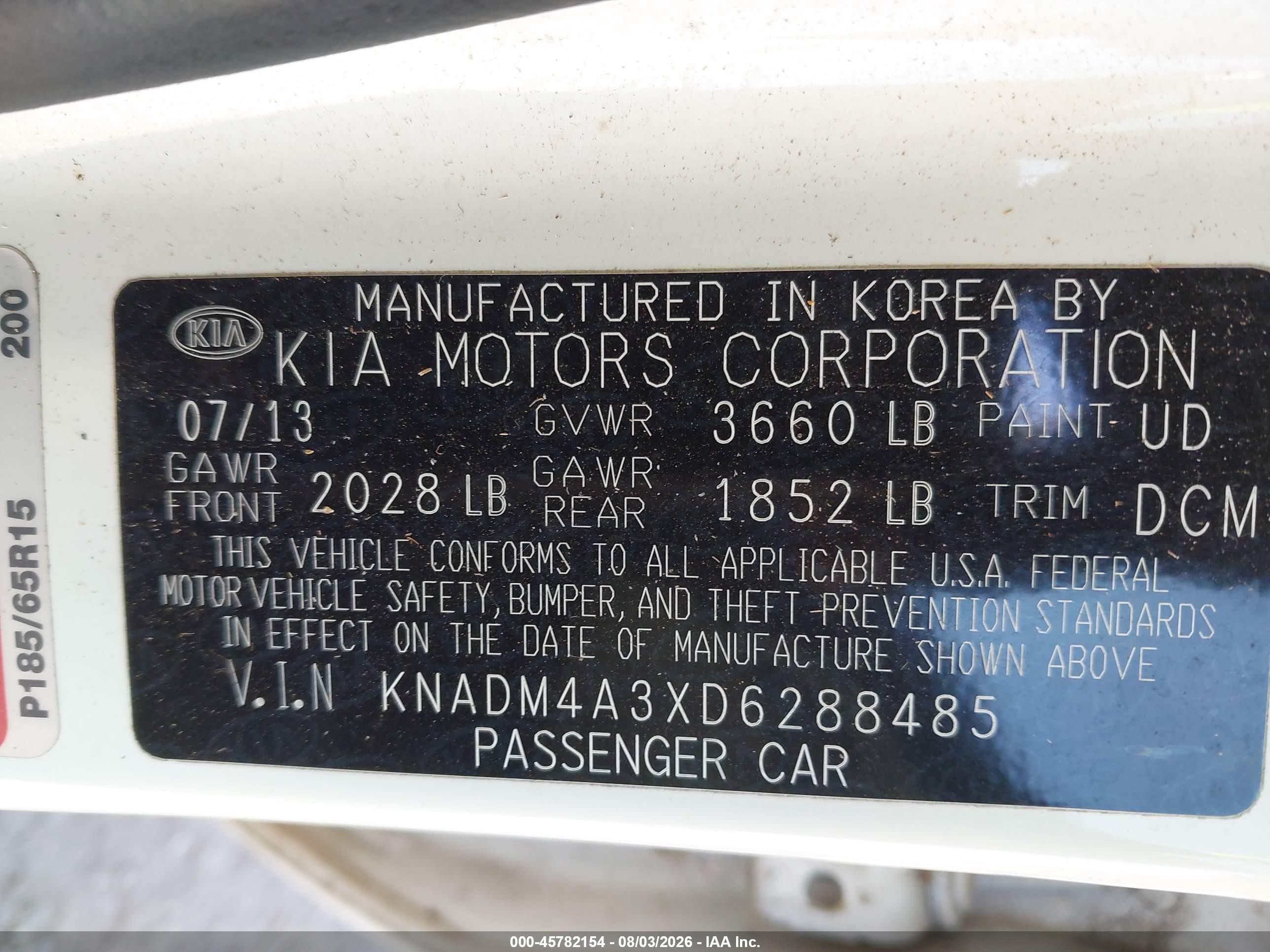 2013 Kia Rio Lx White vin: KNADM4A3XD6288485