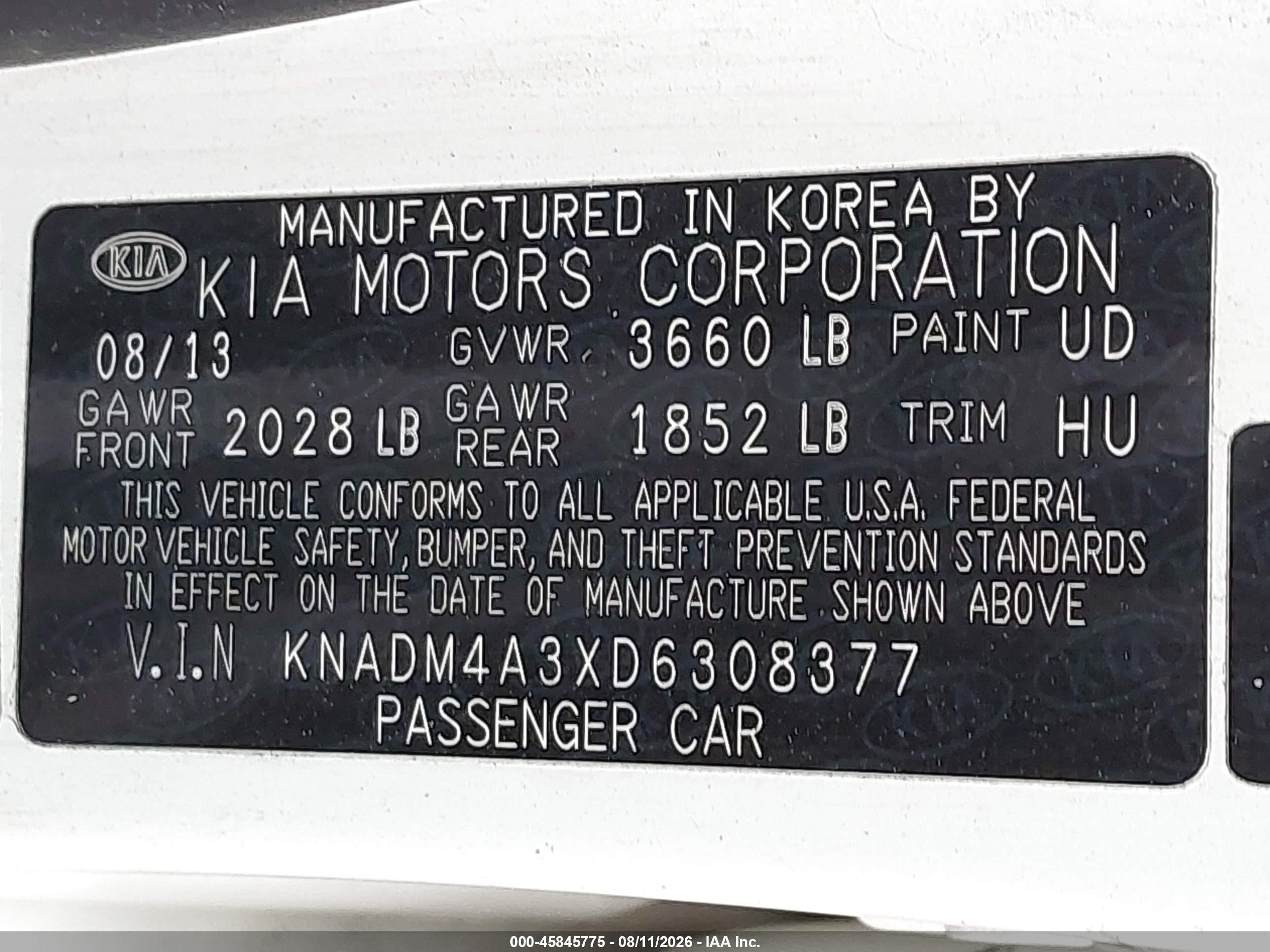 2013 Kia Rio Lx White vin: KNADM4A3XD6308377