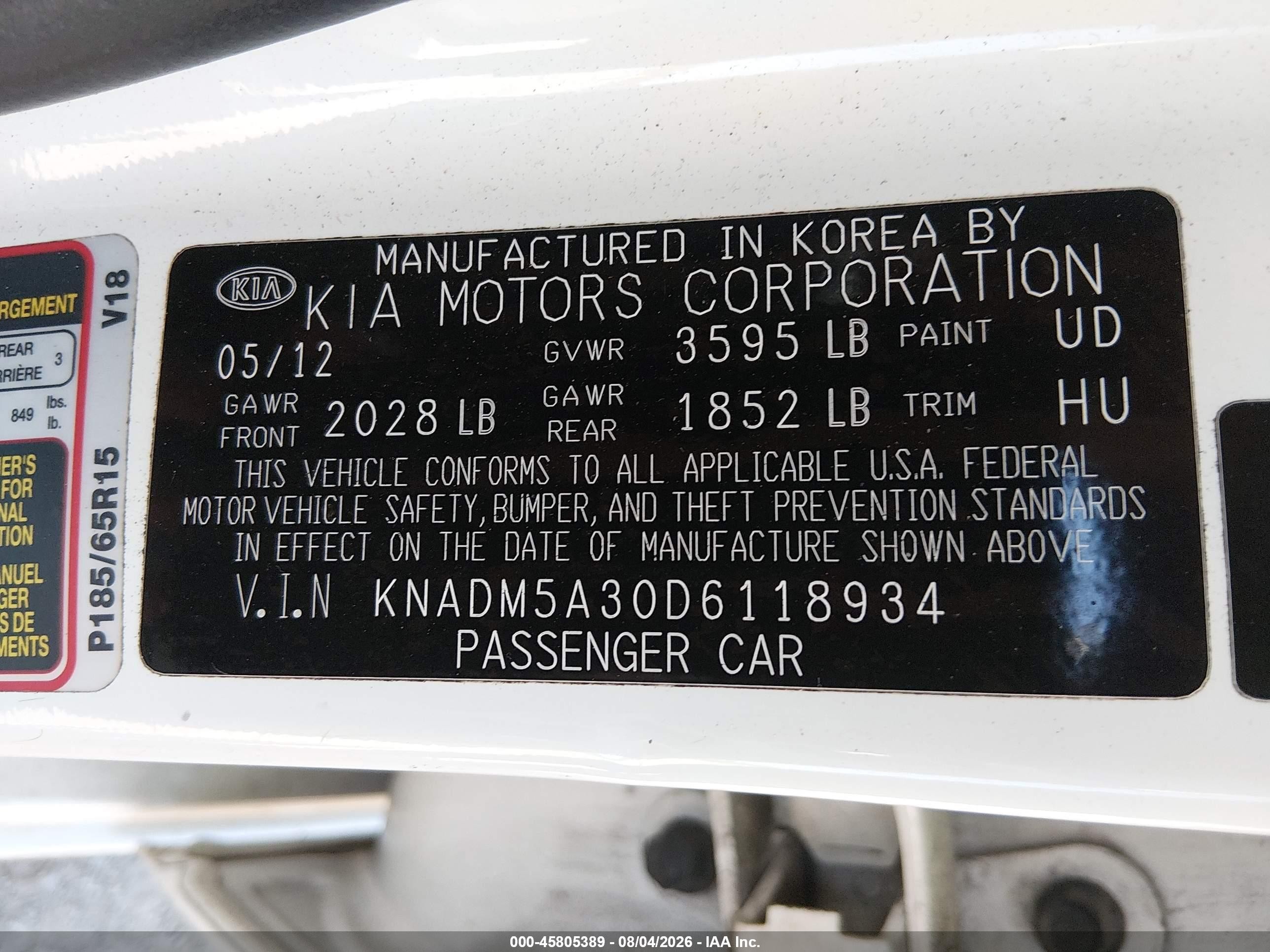 2013 Kia Rio Lx Белый vin: KNADM5A30D6118934