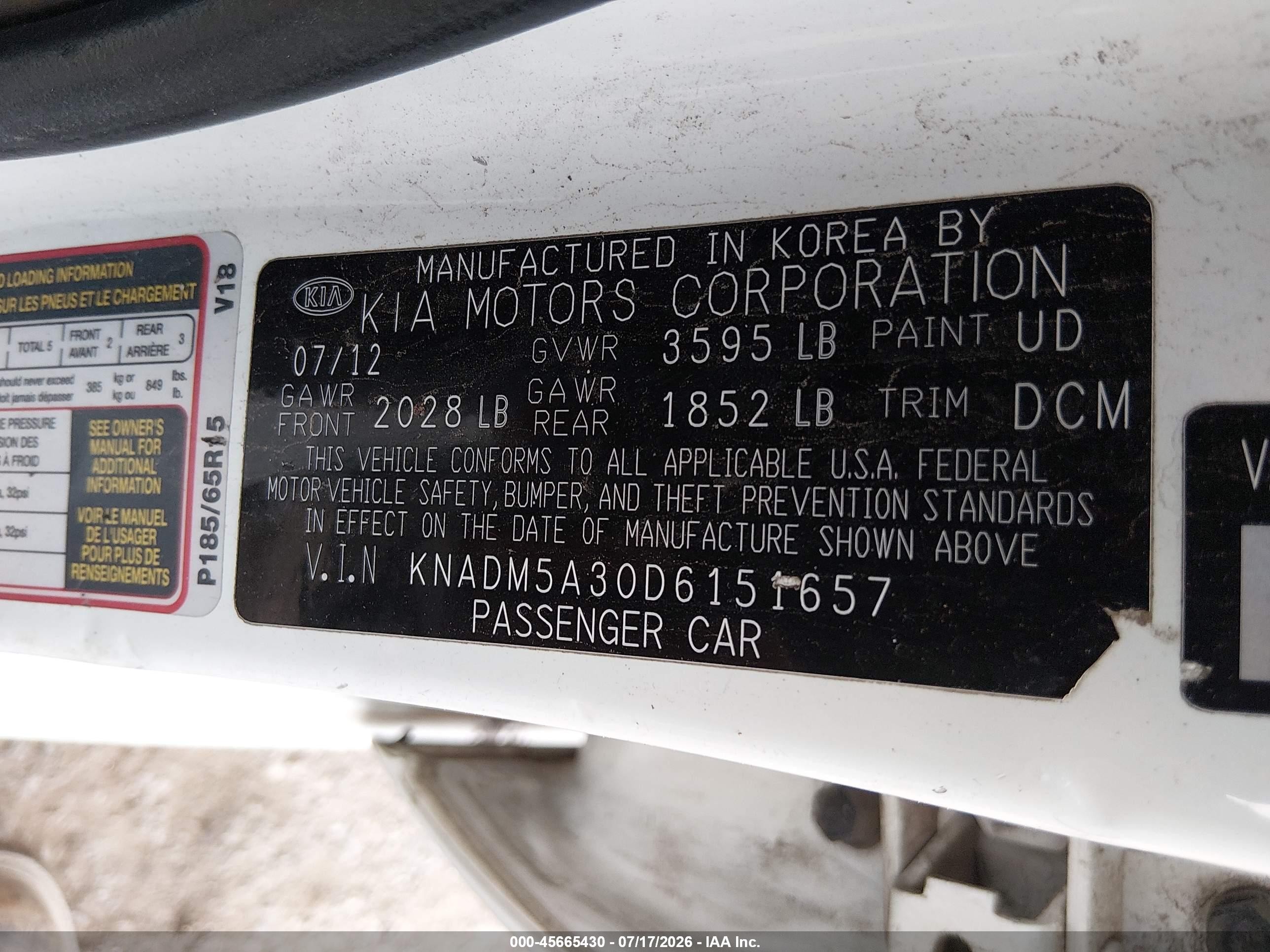 2013 Kia Rio Lx White vin: KNADM5A30D6151657