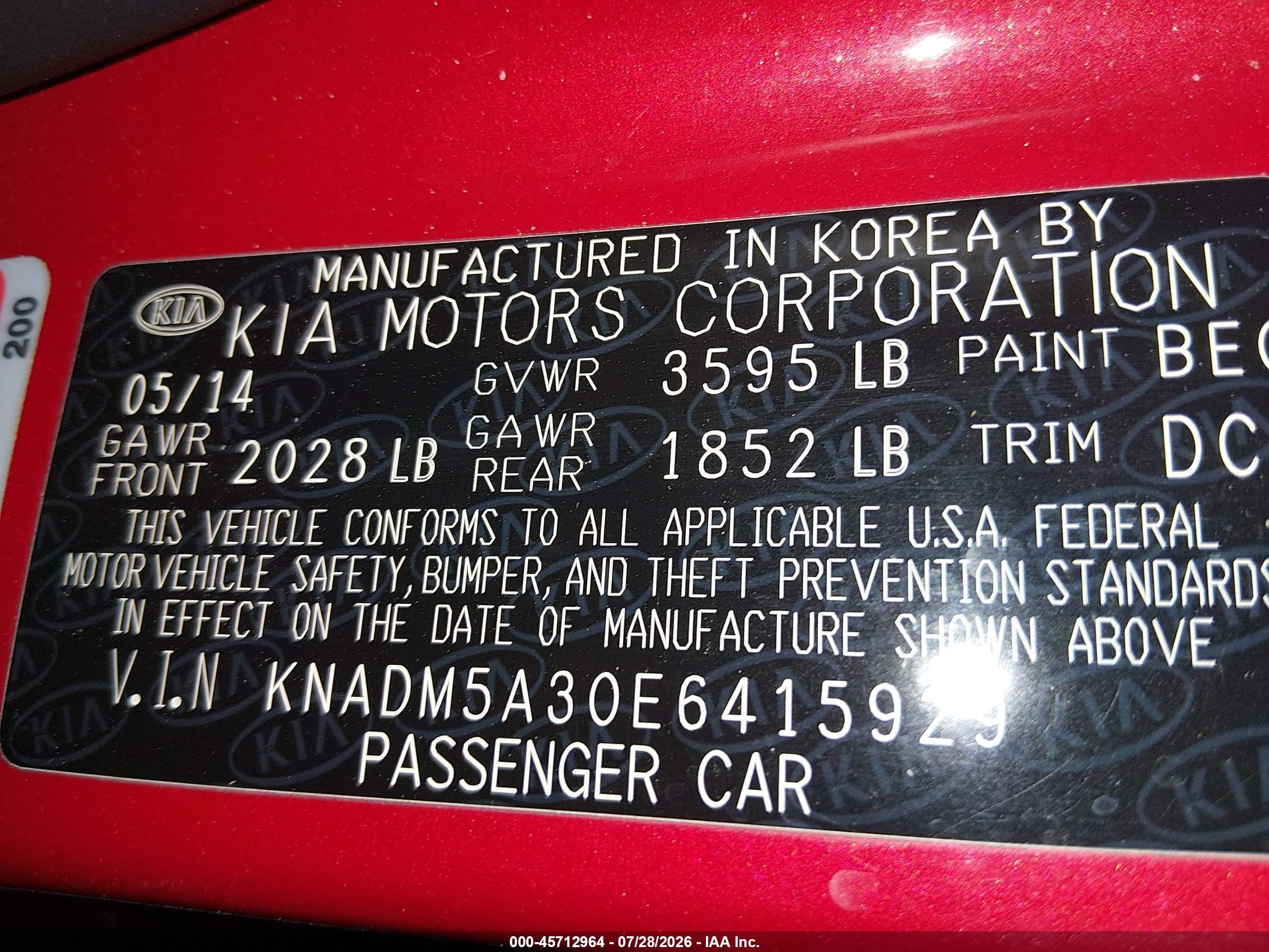 2014 Kia Rio Lx Red vin: KNADM5A30E6415929