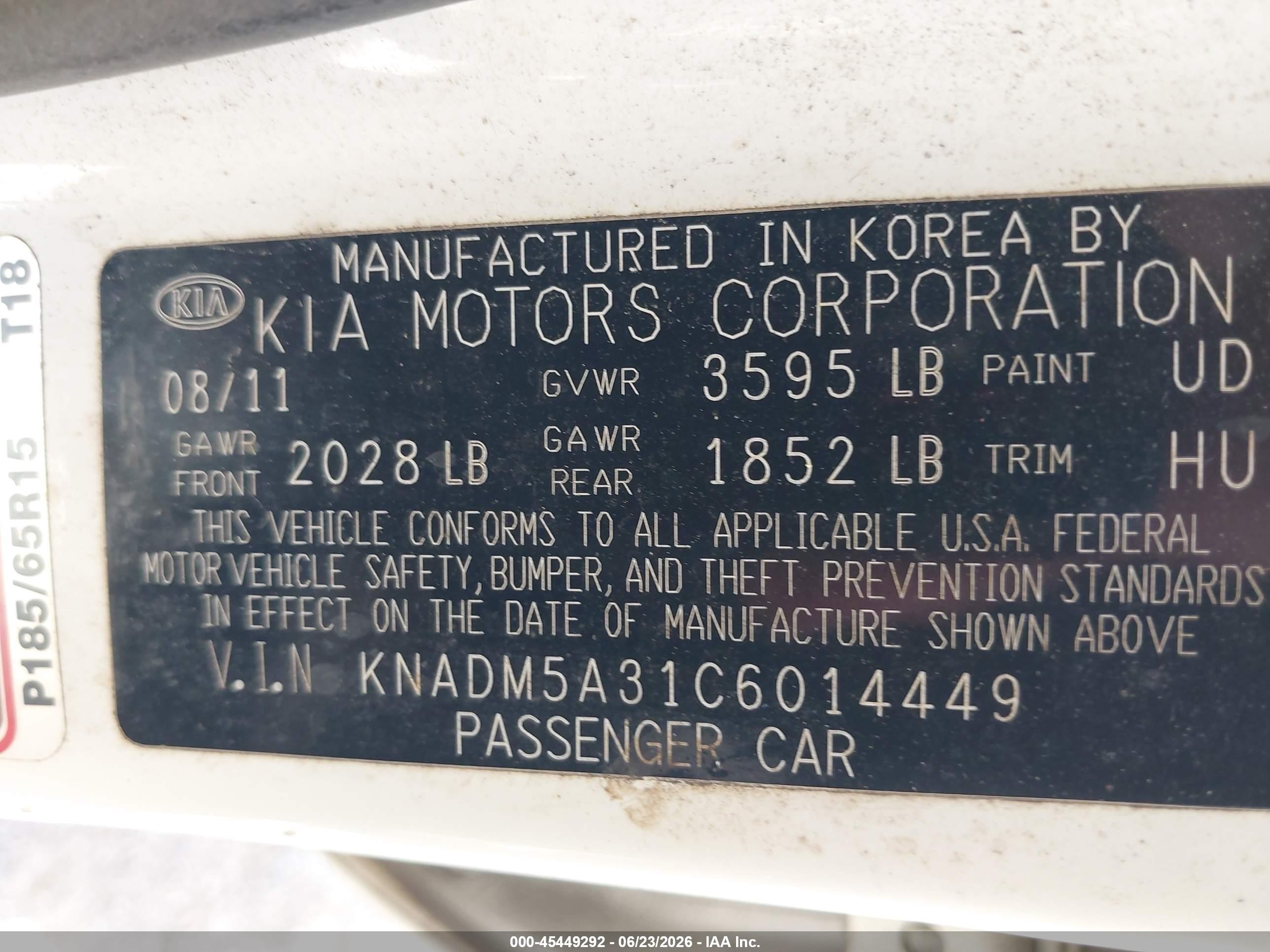 2012 Kia Rio5 Lx White vin: KNADM5A31C6014449