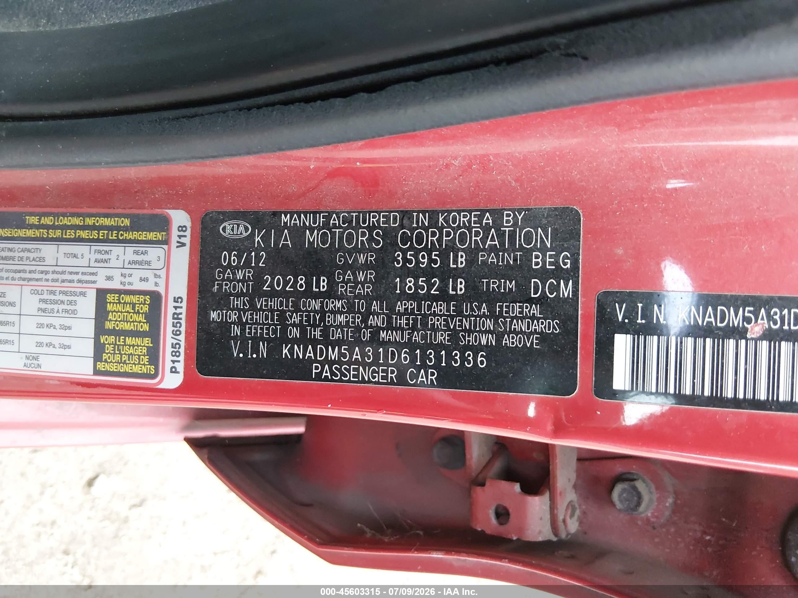 2013 Kia Rio Lx Red vin: KNADM5A31D6131336