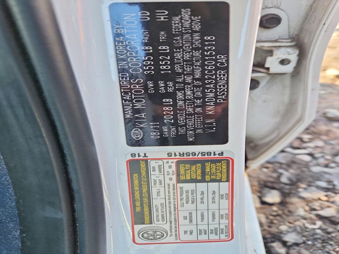 2012 Kia Rio Lx White vin: KNADM5A32C6015318