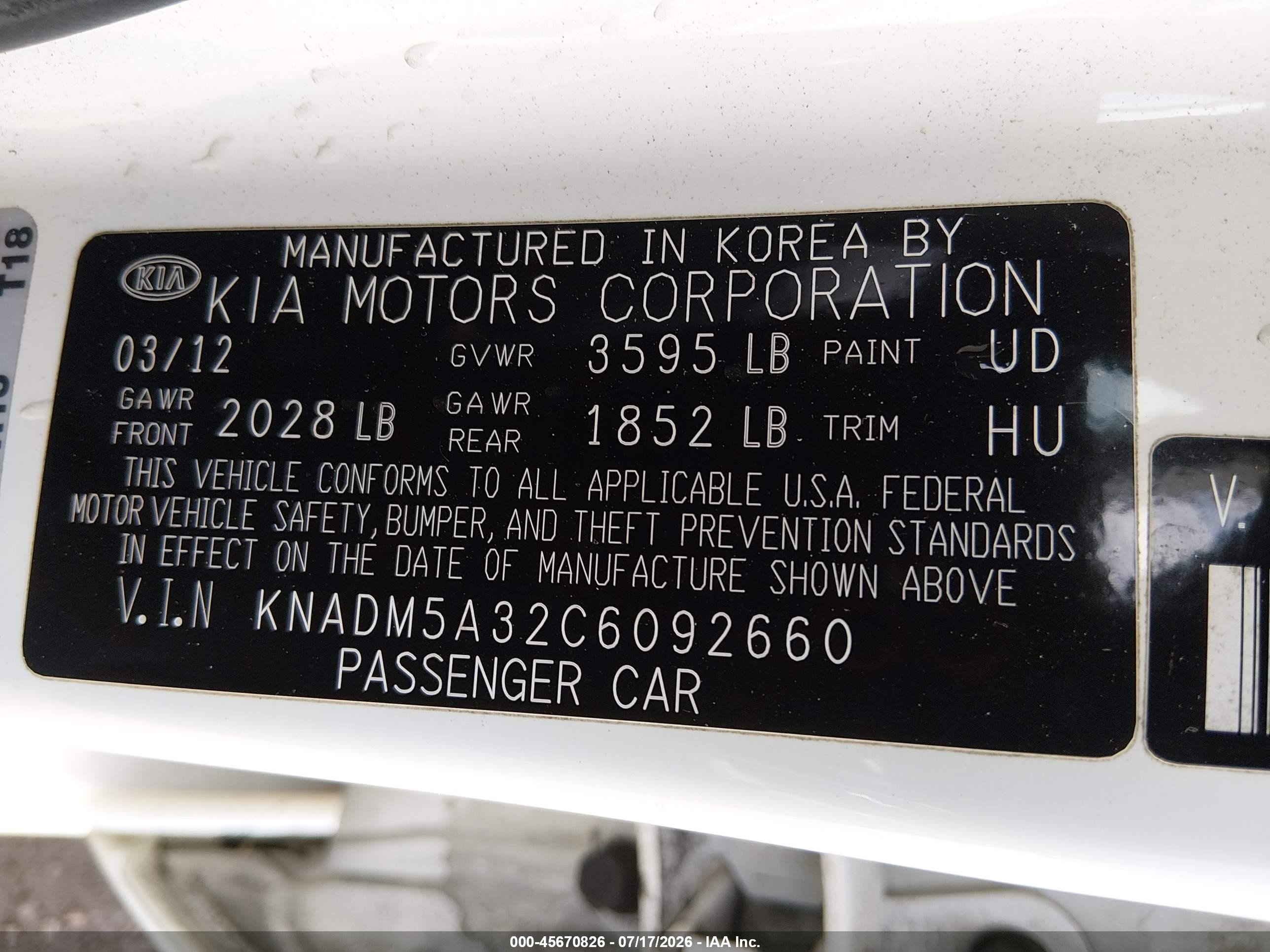 2012 Kia Rio5 Lx White vin: KNADM5A32C6092660