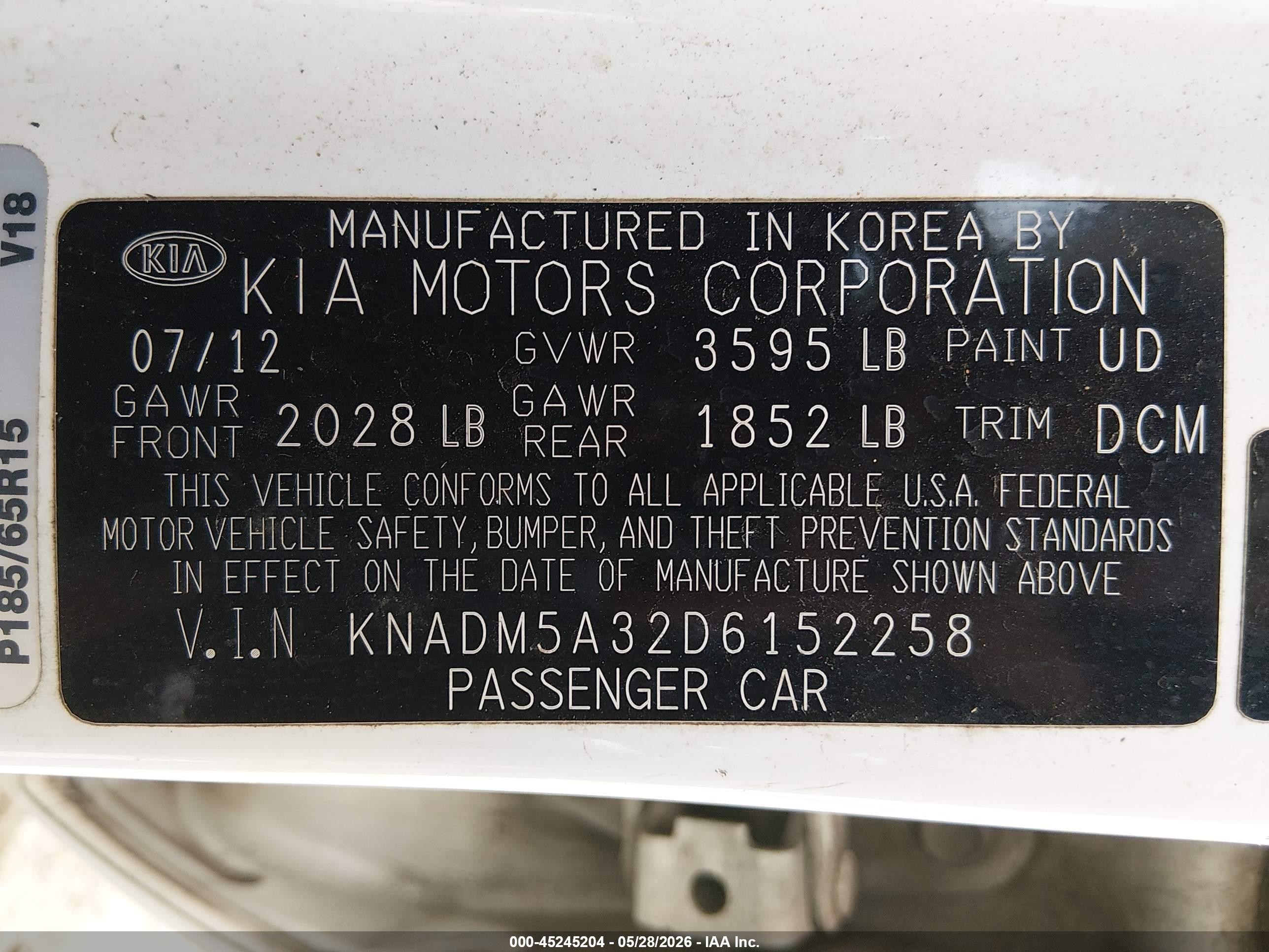 2013 Kia Rio Lx White vin: KNADM5A32D6152258